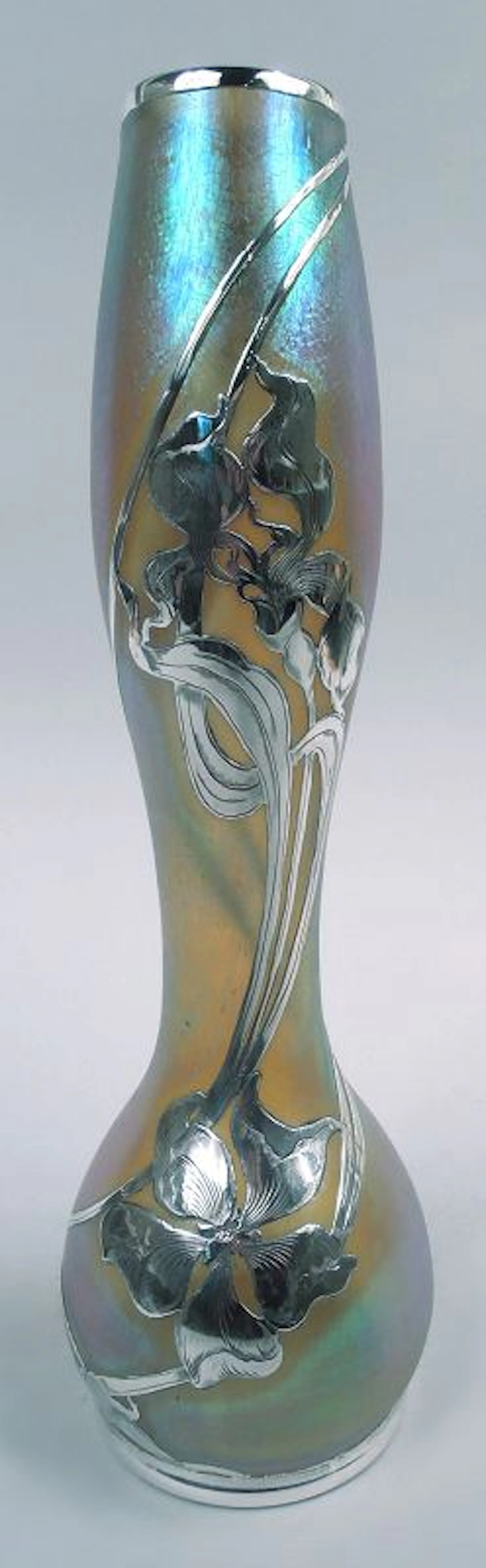 Loetz Tall Art Nouveau Iridescent Vase with Floral Silver Overlay