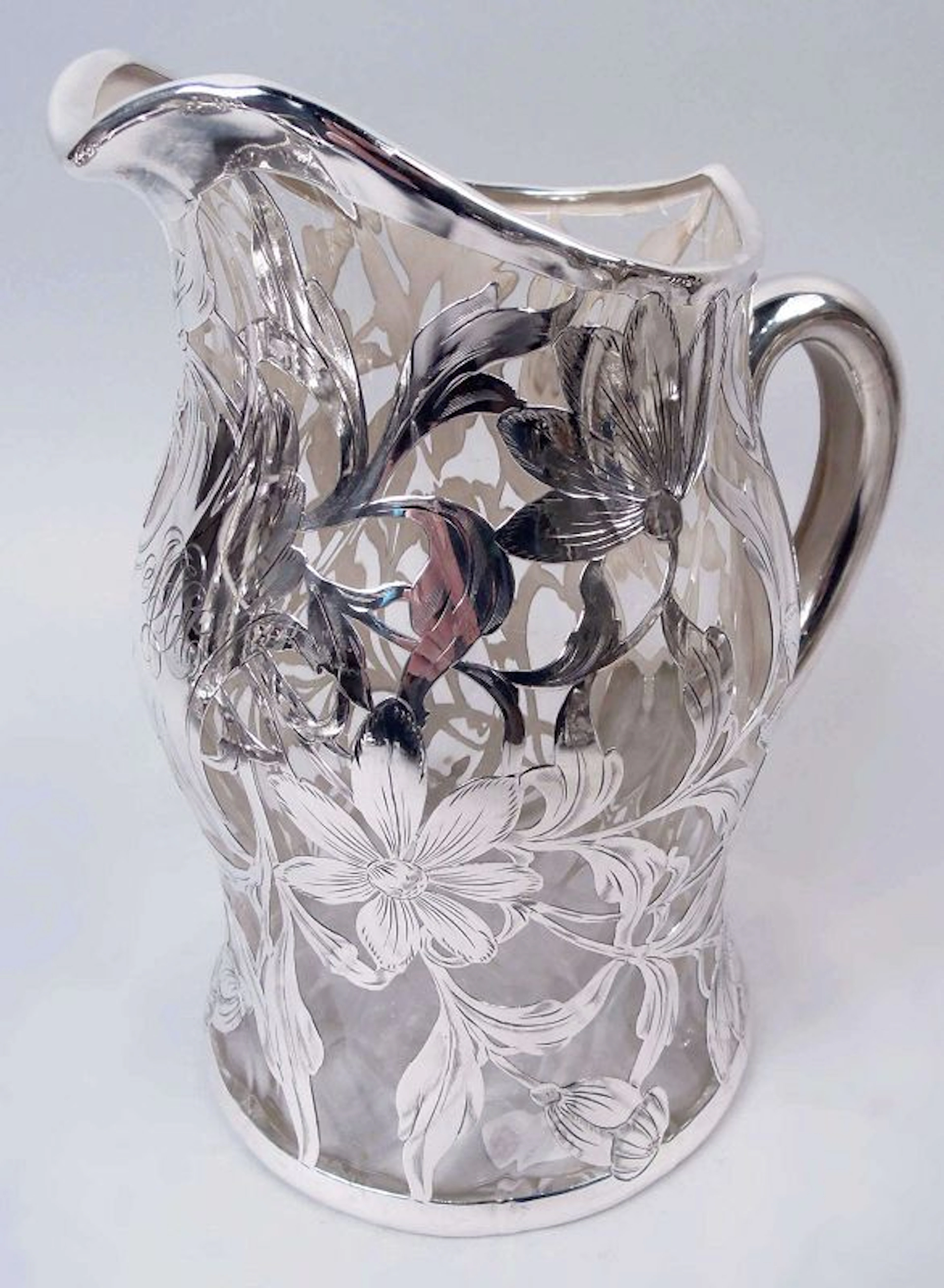 Antique American Art Nouveau Silver Overlay Water Pitcher