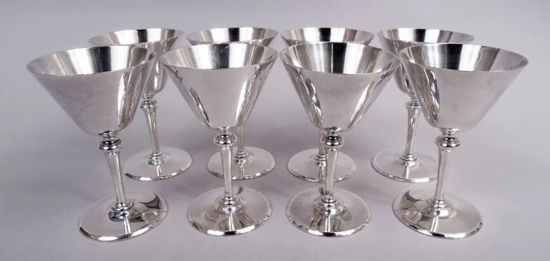 Set of 8 Antique Tiffany Art Deco Sterling Silver Cocktail Cups
