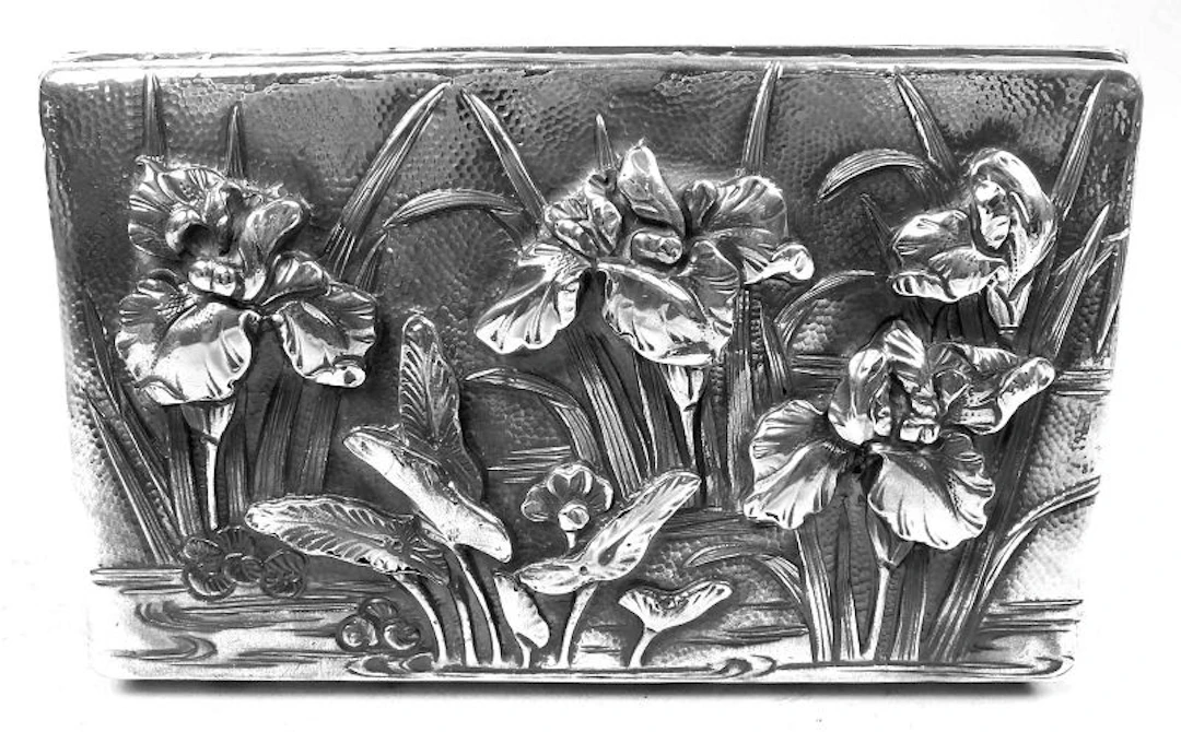 Antique Japanese Meiji Art Nouveau Silver Box with Iris Flowers