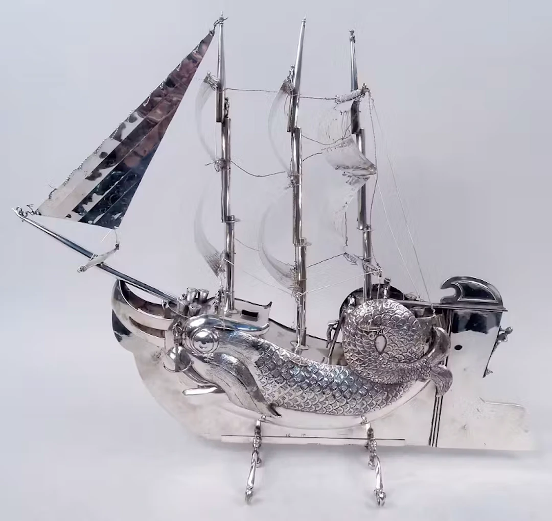 Antique Dutch Silver 3-Mast Dolphin Nef Centerpiece