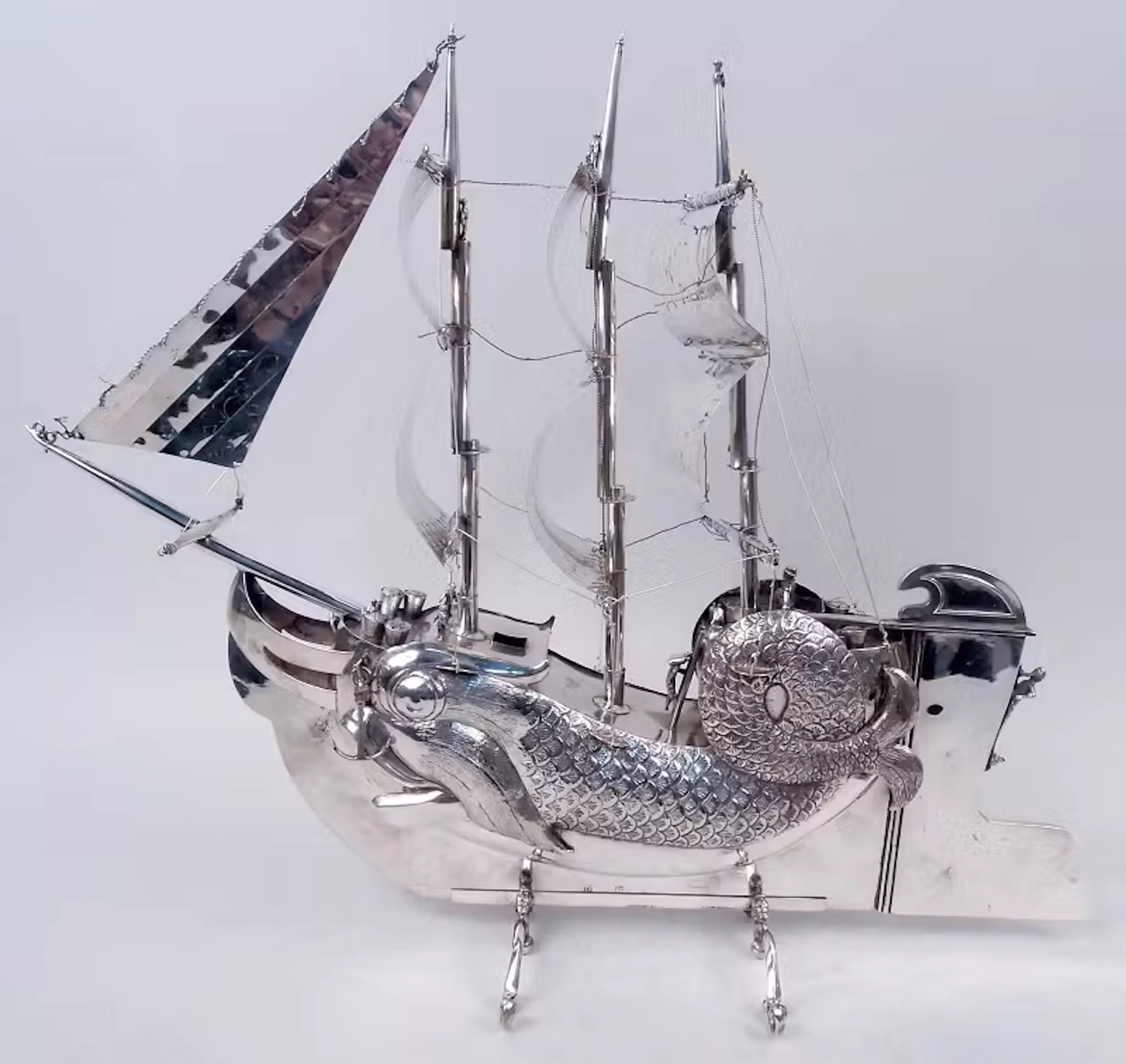 Antique Dutch Silver 3-Mast Dolphin Nef Centerpiece