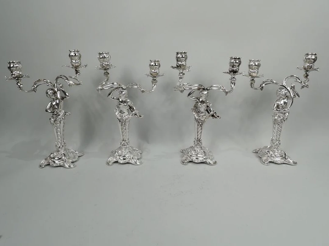 Two Pairs of German Art Nouveau Rococo Silver 2-Light Candelabra