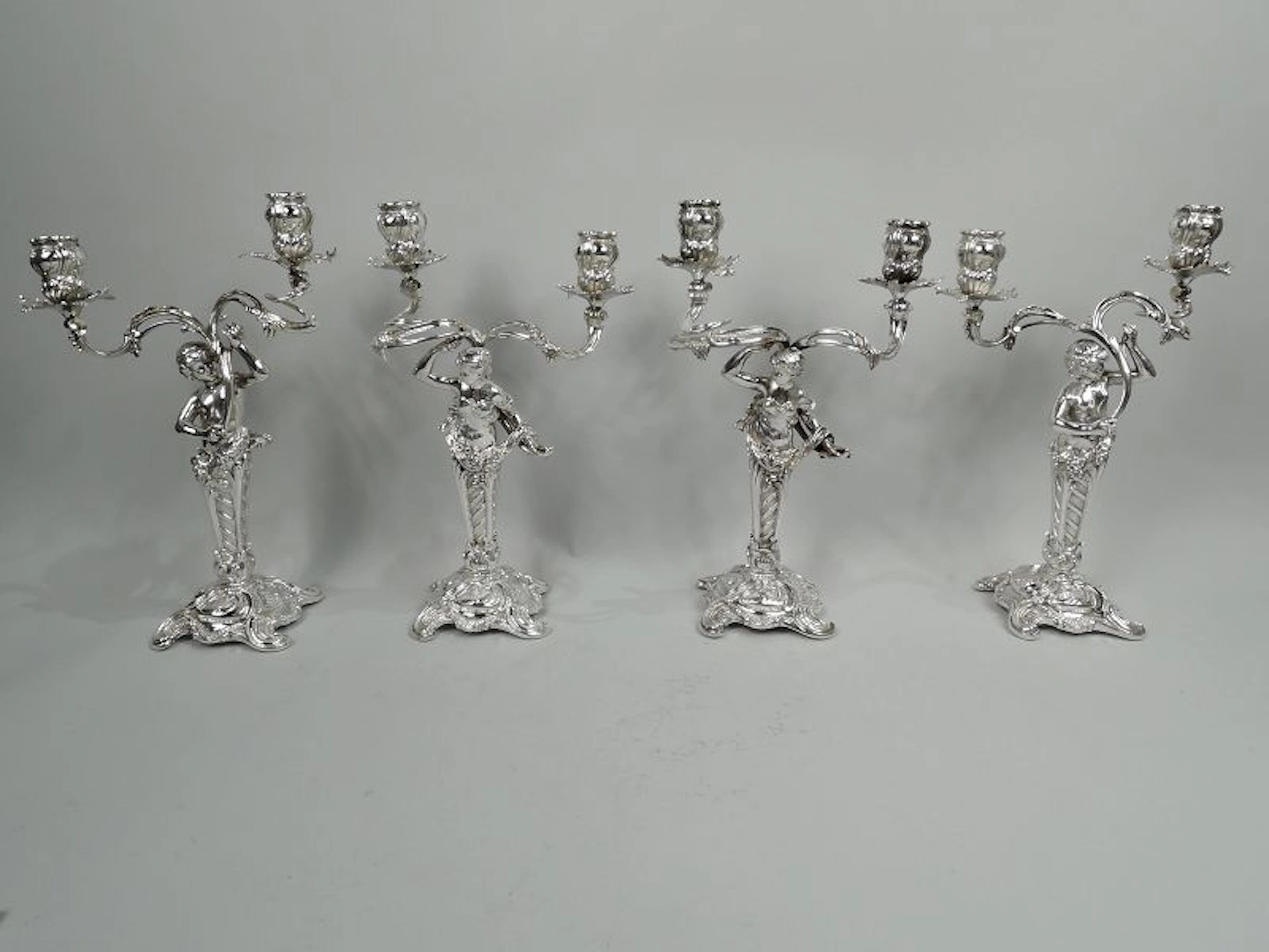 Two Pairs of German Art Nouveau Rococo Silver 2-Light Candelabra