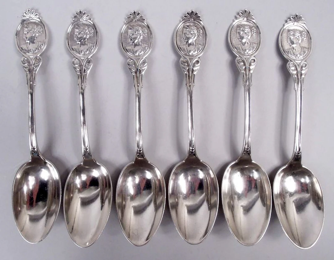 Wood & Hughes New York Medallion Diana Coin Silver Teaspoons