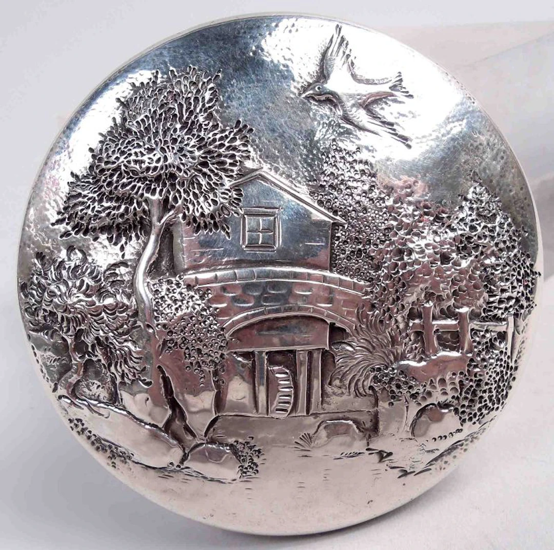 Antique Kirk Baltimore Small Sterling Silver Box with Pastoral Scene