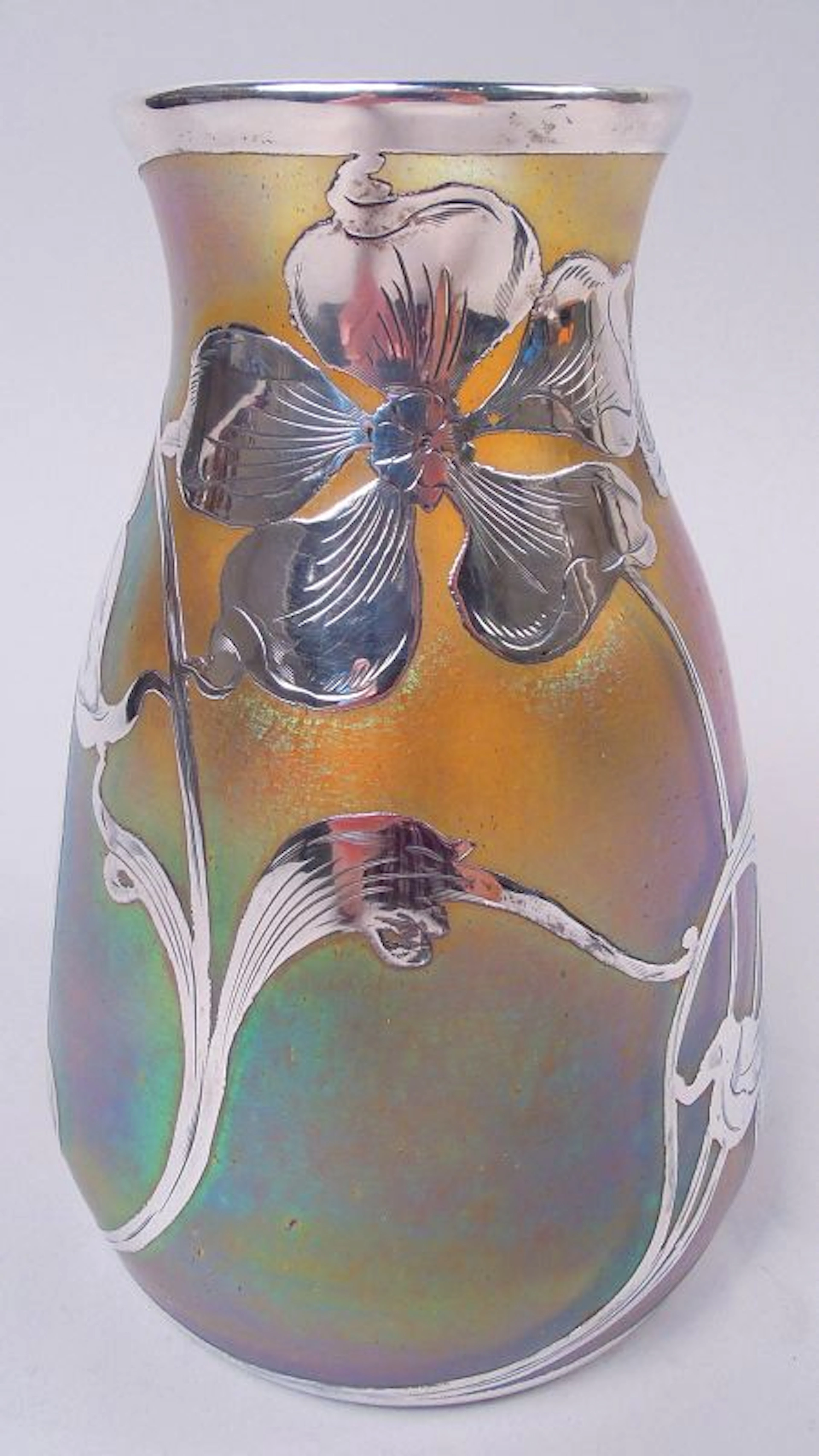 Quezal New York Art Nouveau Iridescent Silver Overlay Vase