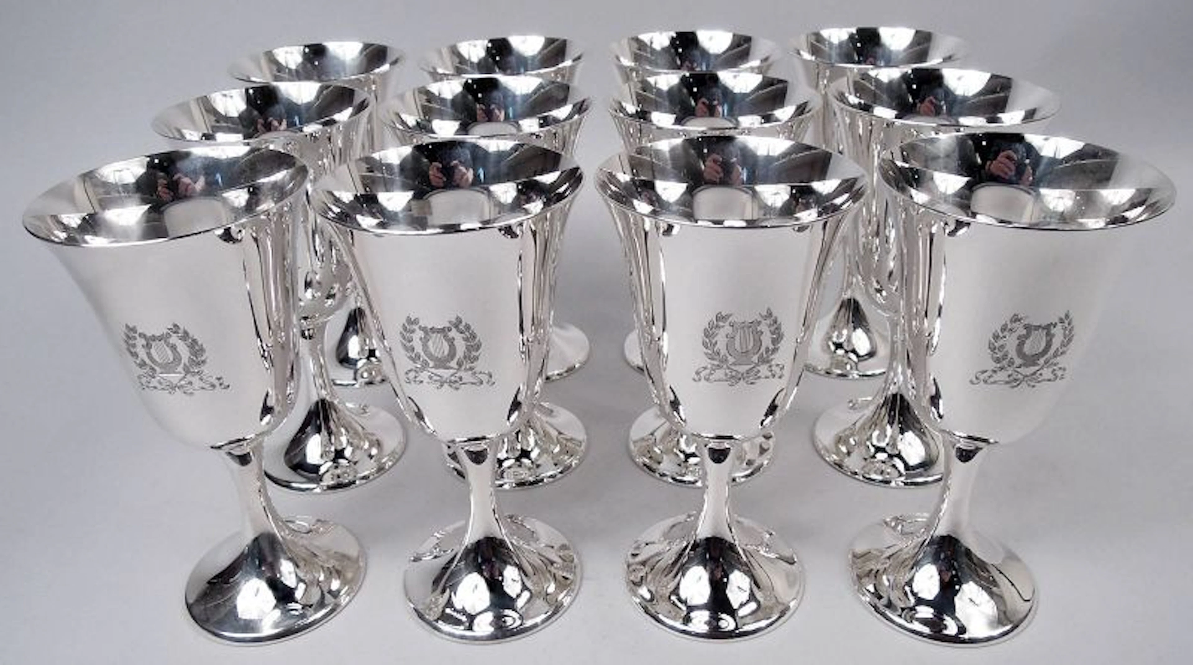 Set of 12 Gorham Puritan Goblets with Neoclassical Harp