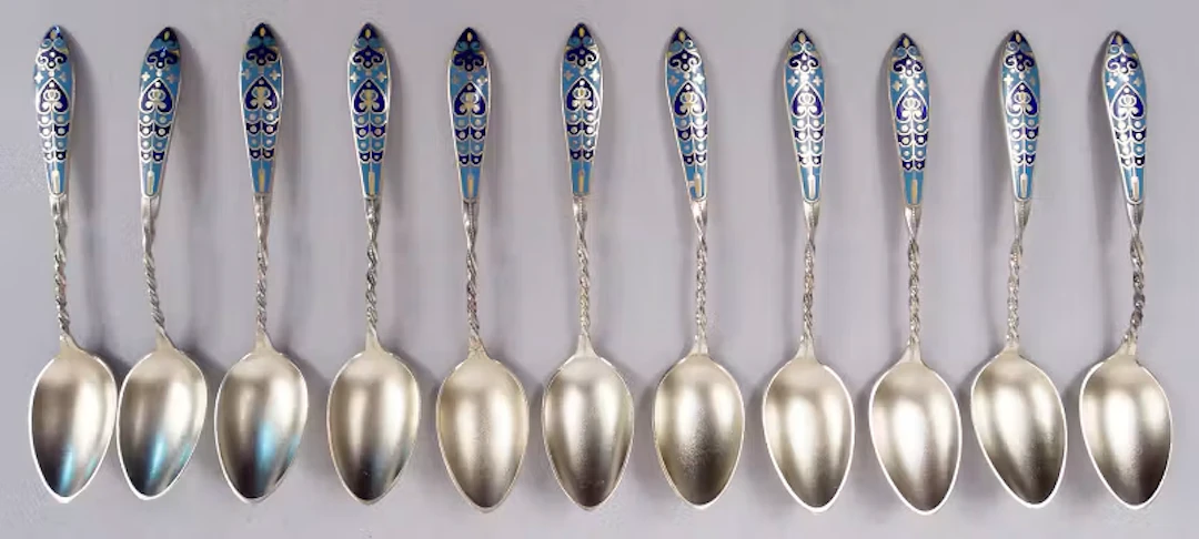 Set of 11 Gorham Aesthetic Sterling Silver & Enamel Coffee Spoons