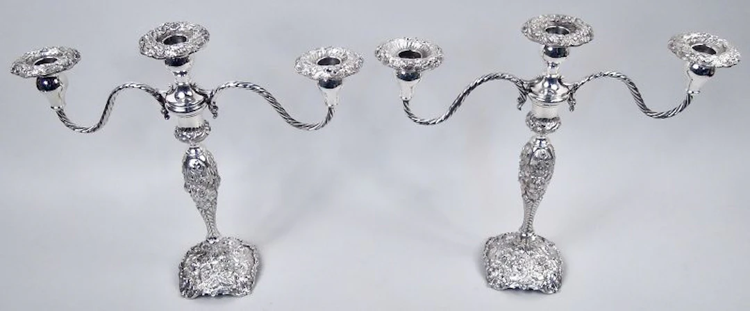 Pair of Stieff Baltimore Repousse Sterling Silver 3-Light Candelabra