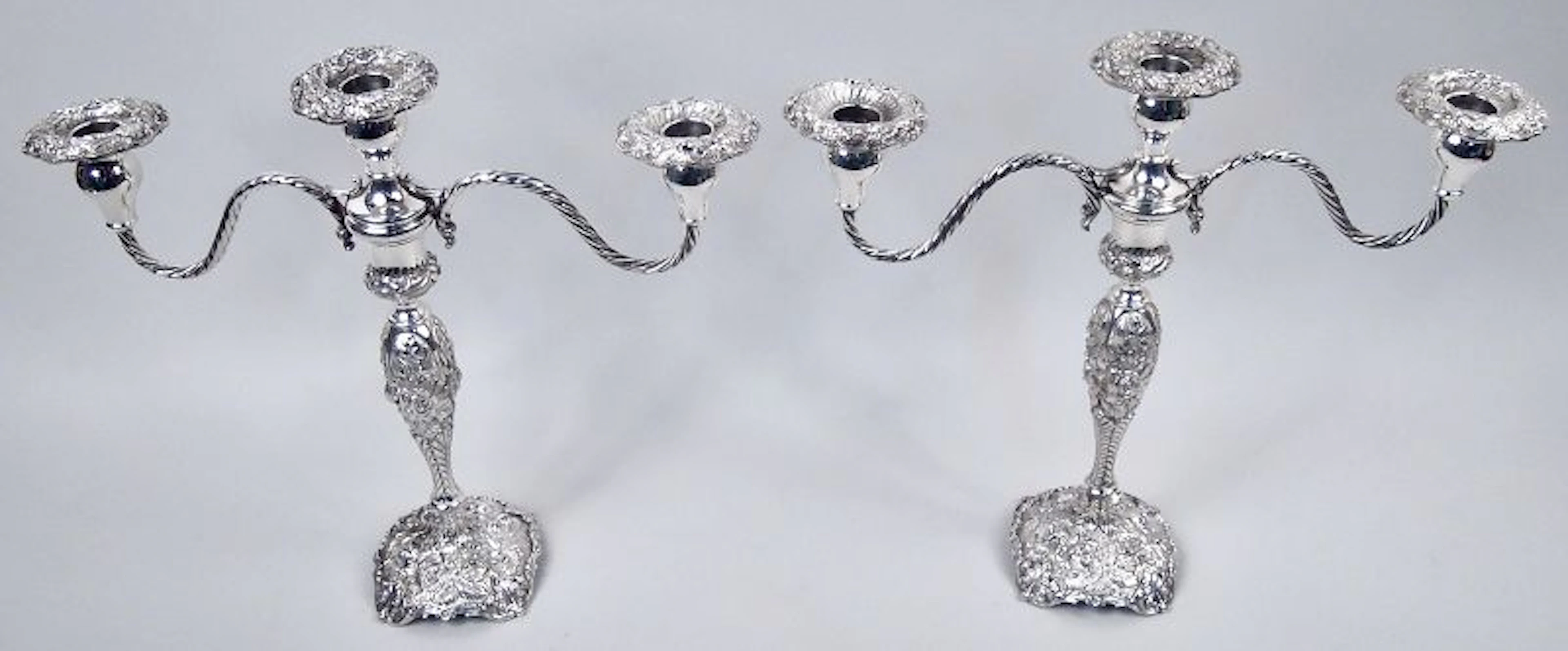 Pair of Stieff Baltimore Repousse Sterling Silver 3-Light Candelabra