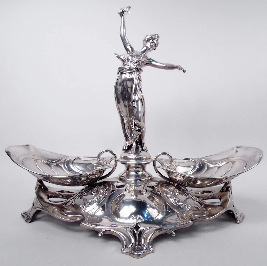 German Classical Jungfrau Centerpiece with Art Nouveau Lily Pad Bowls