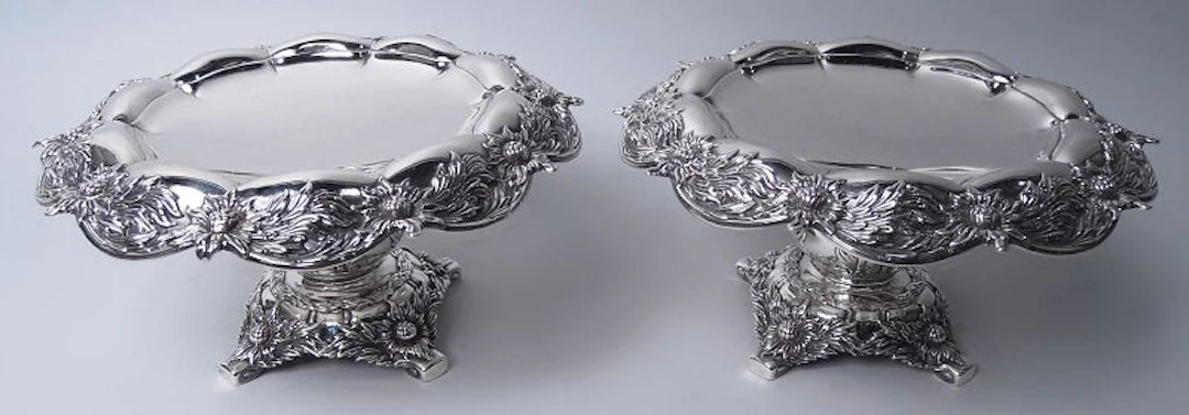 Pair of Antique Tiffany Chrysanthemum Sterling Silver Compotes