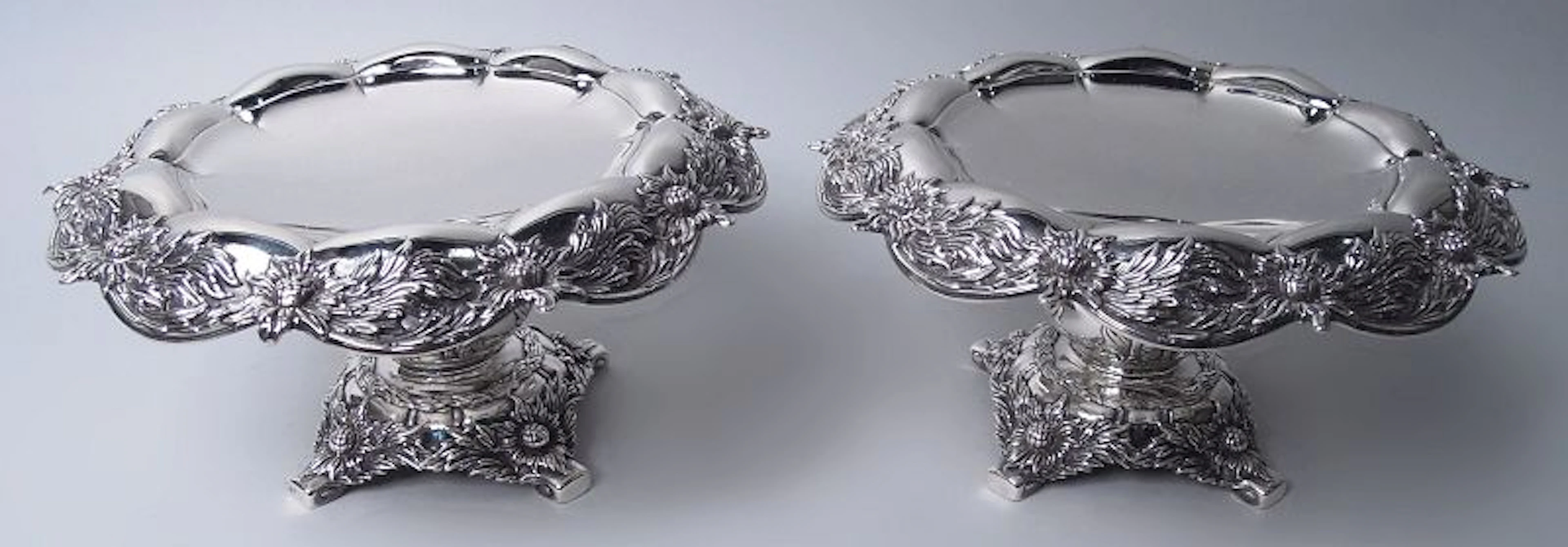 Pair of Antique Tiffany Chrysanthemum Sterling Silver Compotes
