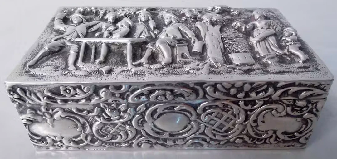 Antique German Hanau Silver Box with Rustic Idyll