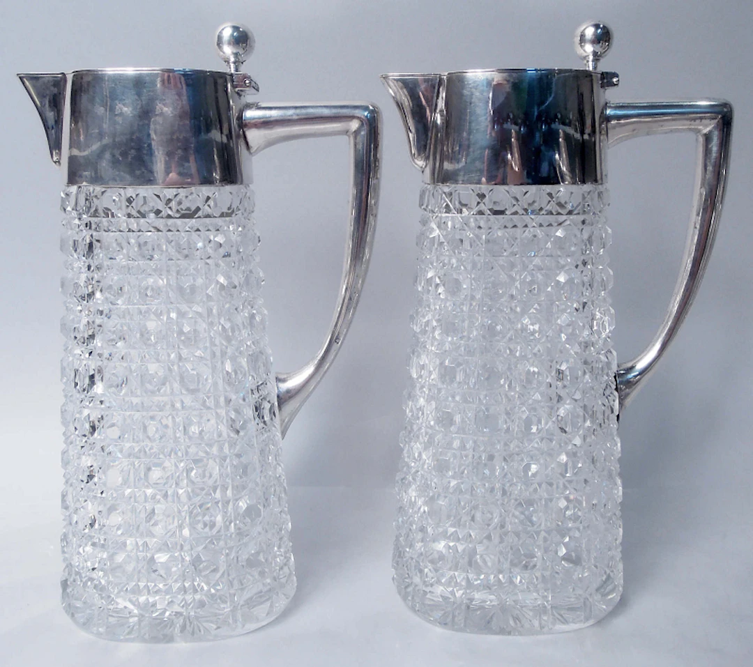 Pair of Antique German Silver & Brilliant-Cut Glass Decanters