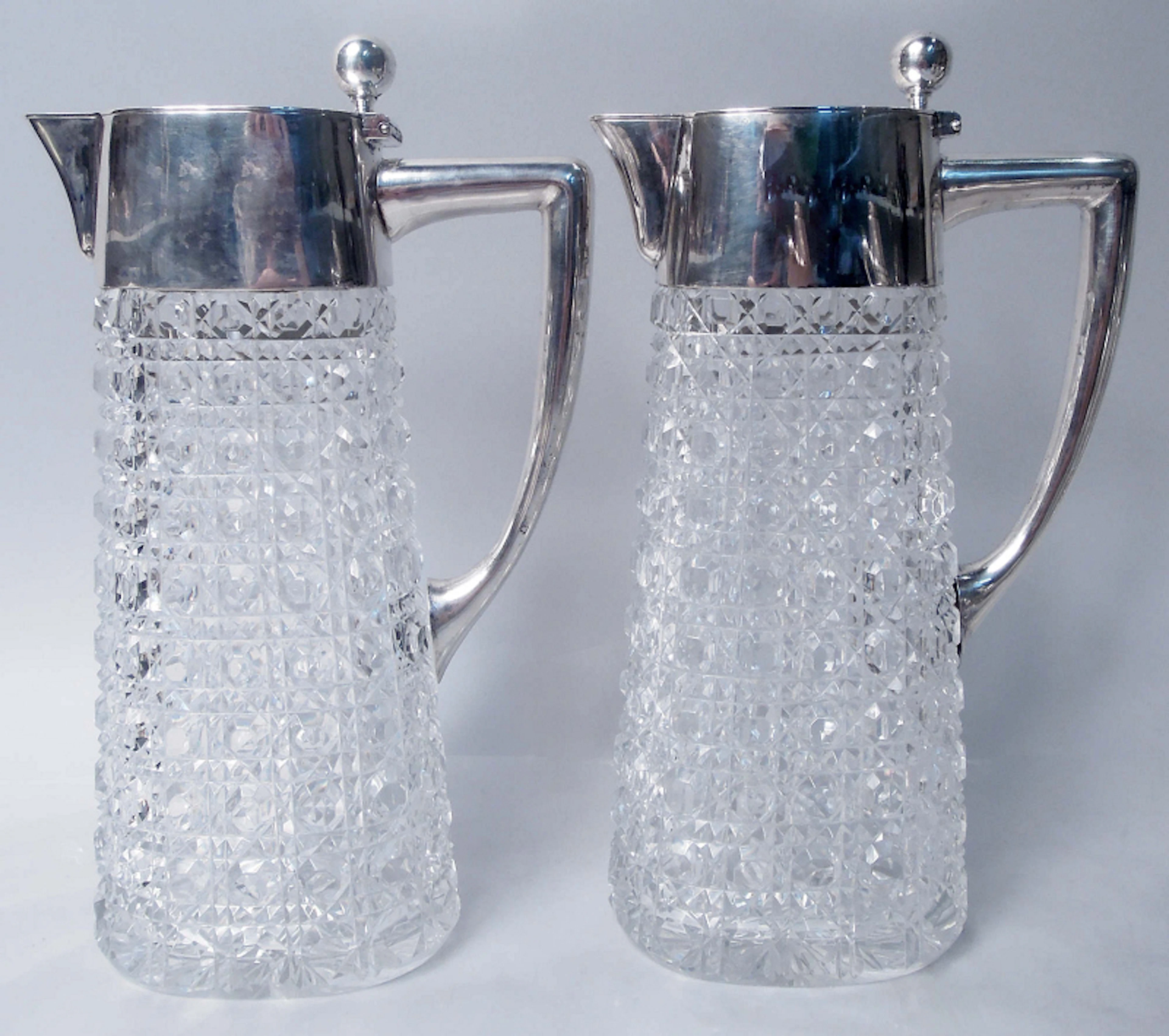 Pair of Antique German Silver & Brilliant-Cut Glass Decanters