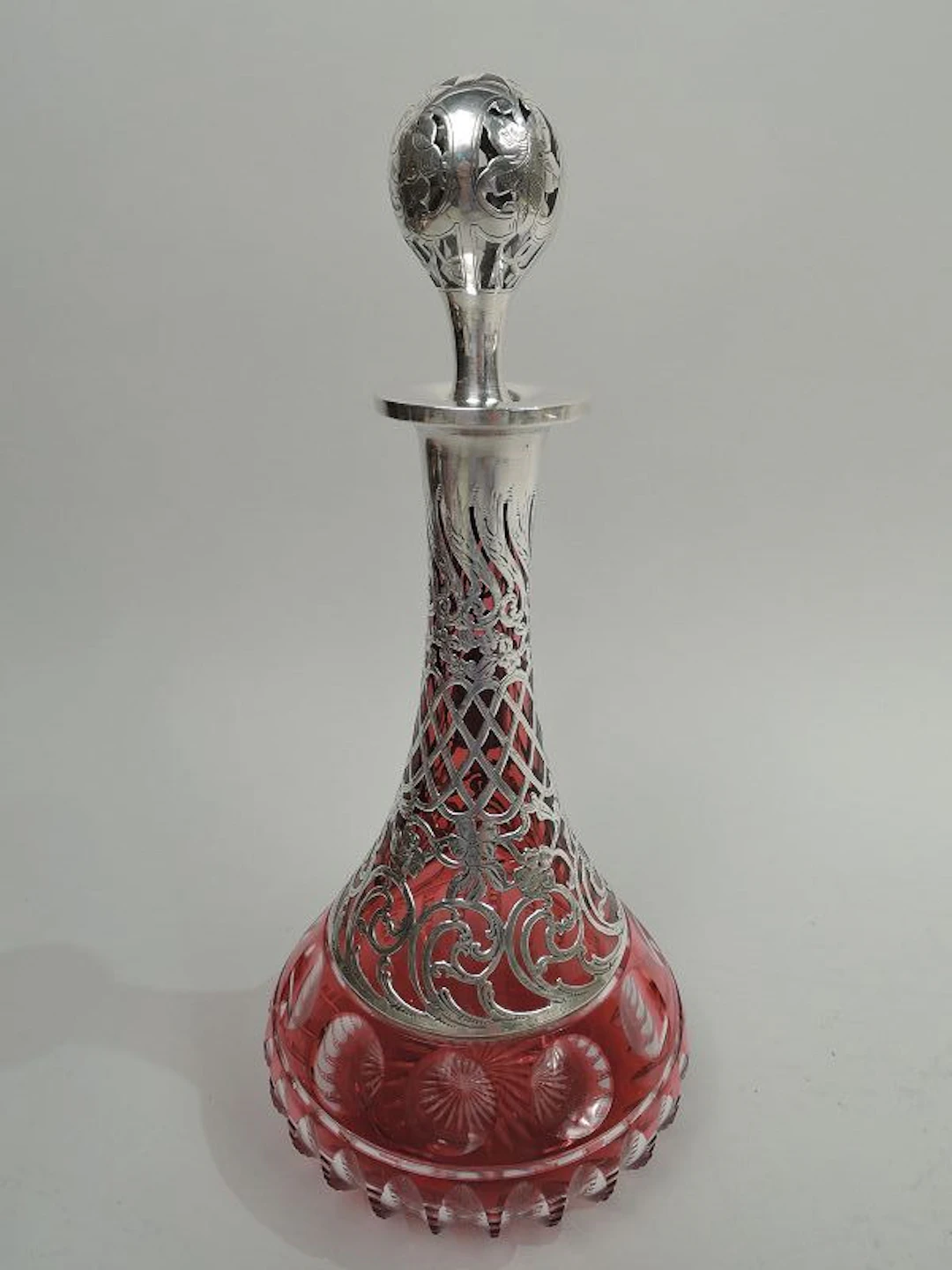 Antique Alvin Art Nouveau Silver Overlay Cranberry Cut-Glass Decanter