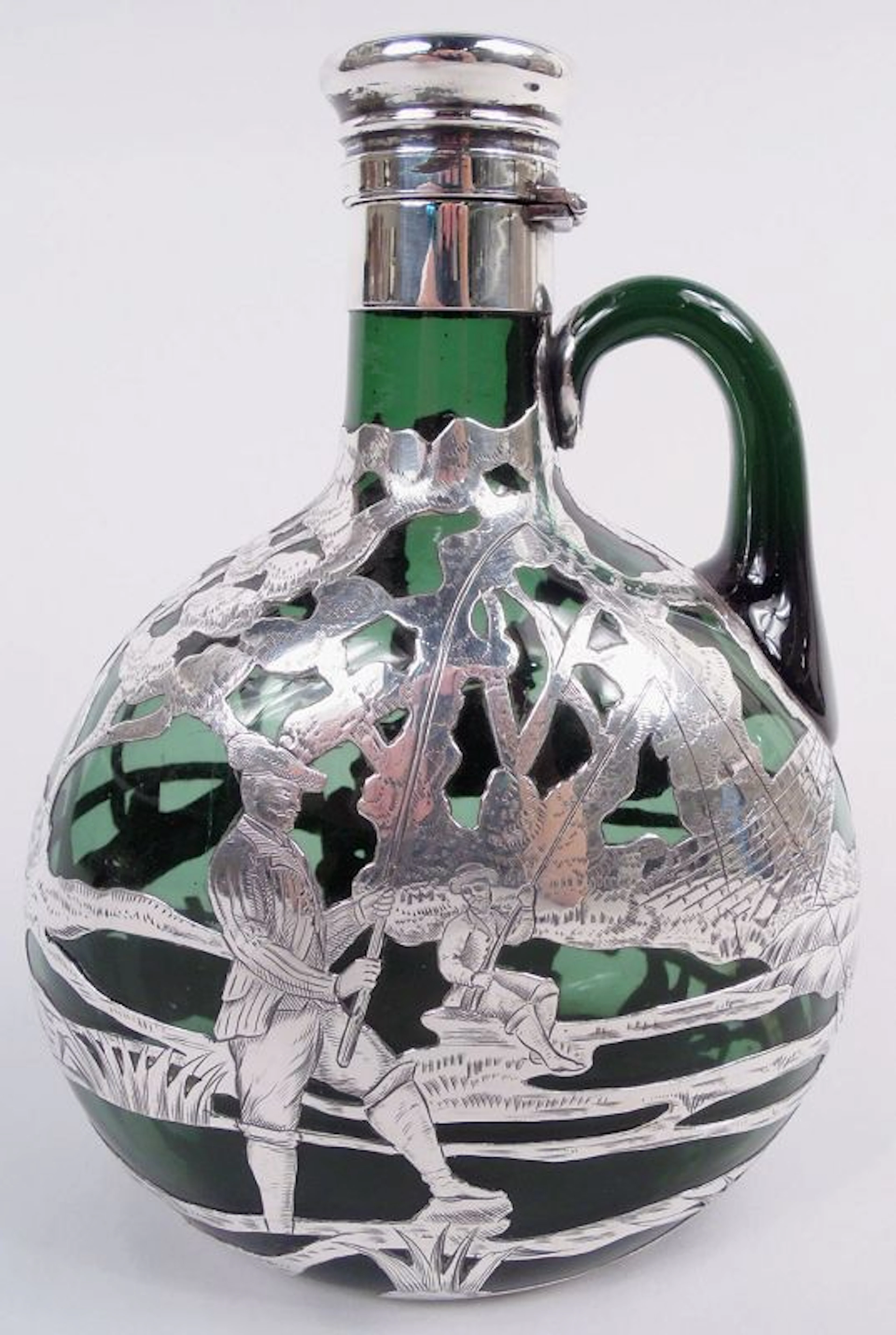 Gorham Green Decanter with Ye Olden Days Pictorial Silver Overlay