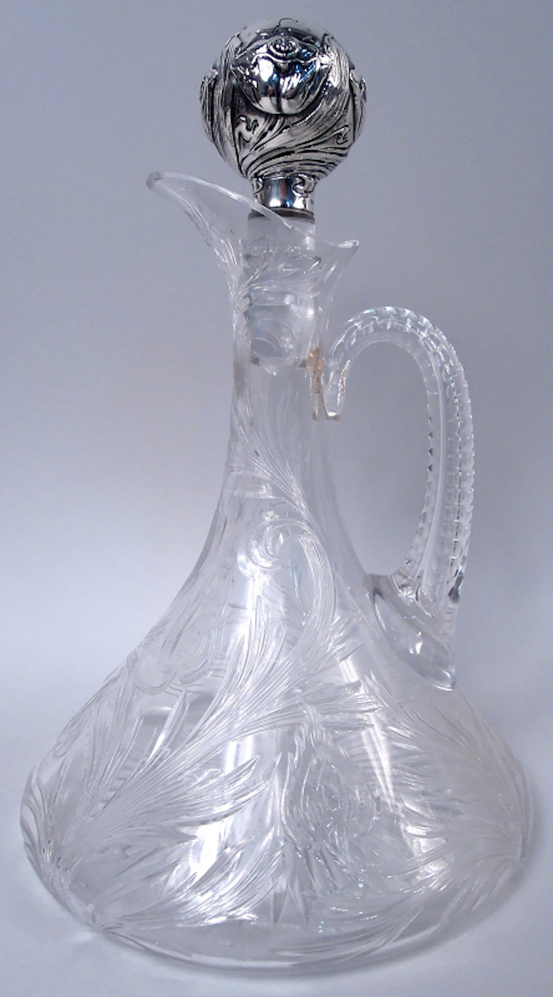 Antique American Art Nouveau Cut Glass & Sterling Silver Decanter