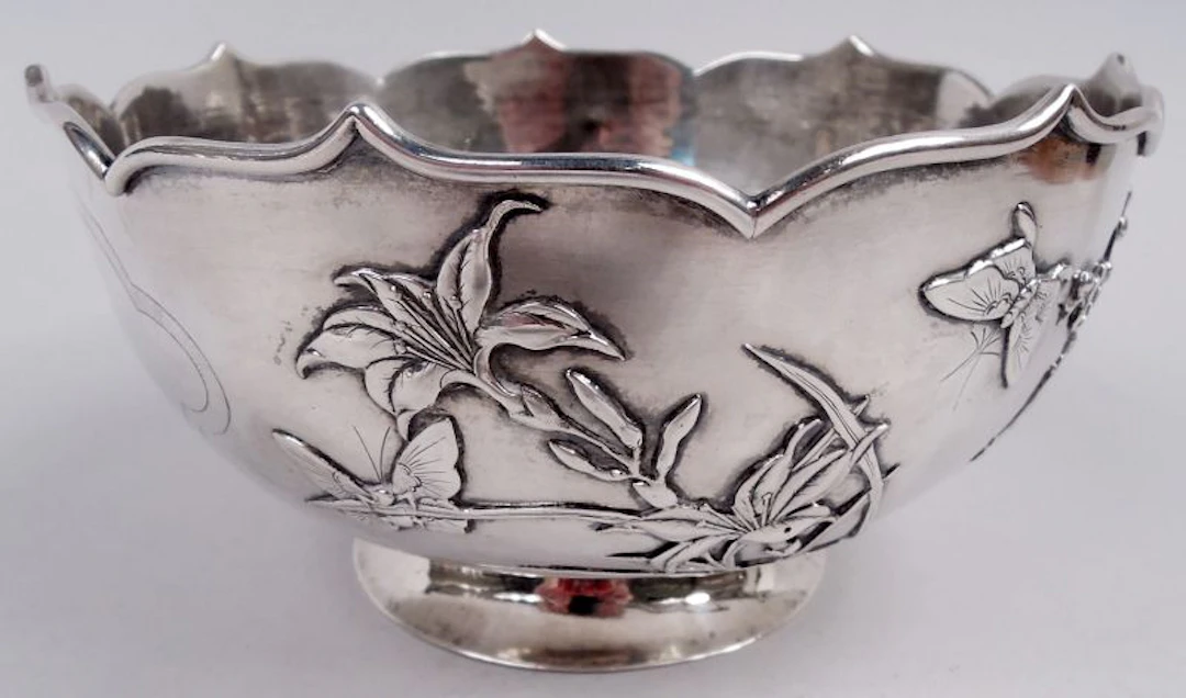 Antique Chinese Export Silver Blossom & Butterfly Bowl