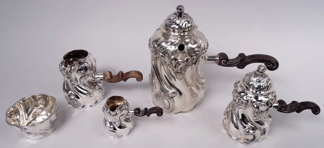 Antique German Rococo Silver 5-Piece Coffee & Tea Set