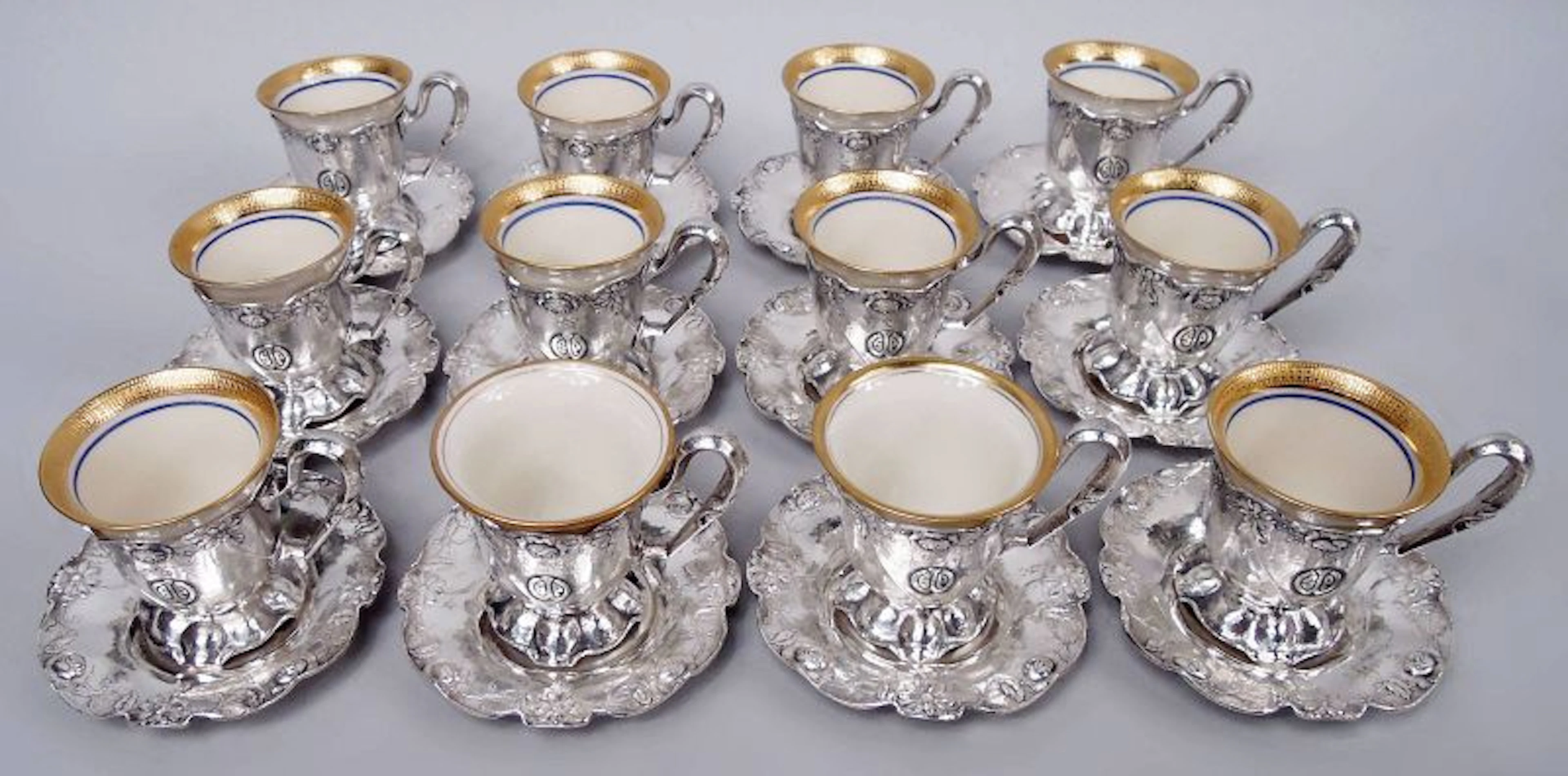 Gorham Martelé Edwardian Art Nouveau Demitasse Holders & Saucers 1920