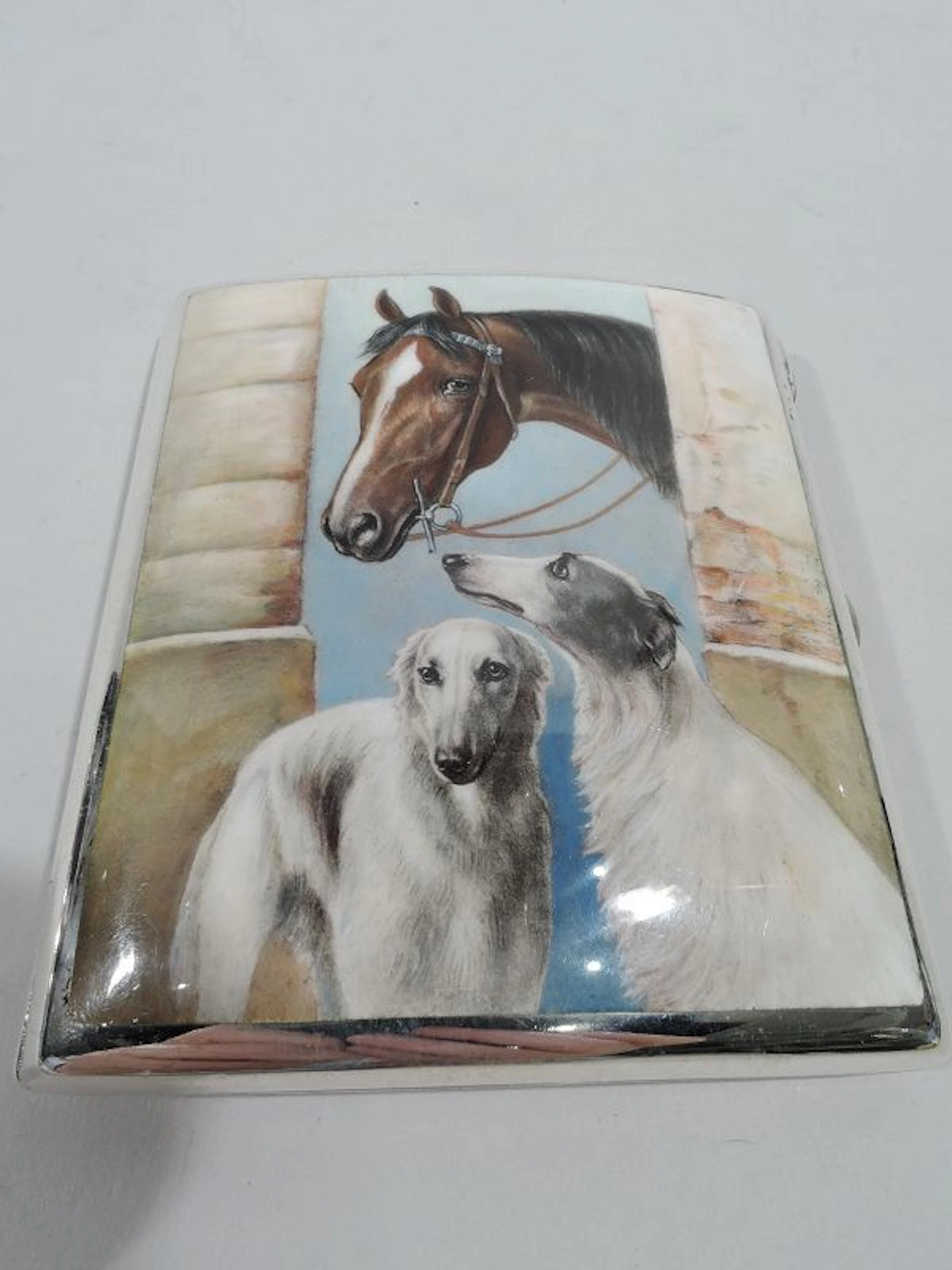 Antique European Silver & Enamel Horse Case with Borzoi Dogs