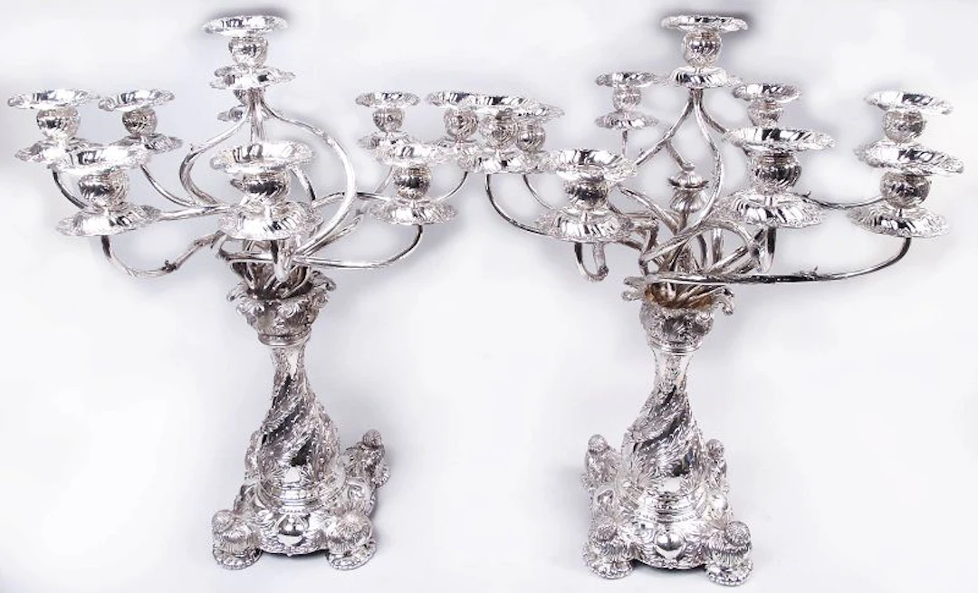 Rare Market-Fresh Pair of Tiffany Chrysanthemum 9-Light Candelabra