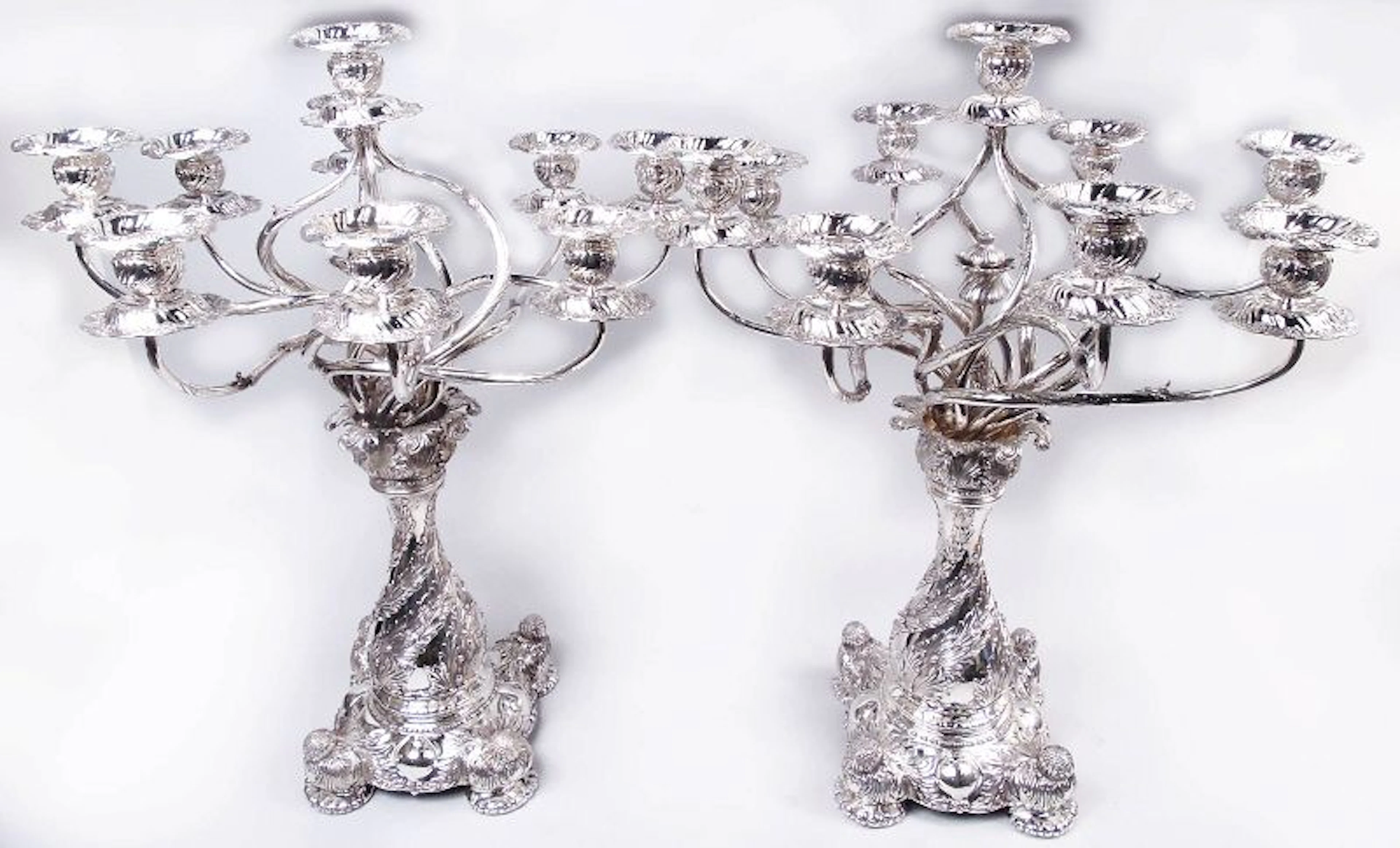 Rare Market-Fresh Pair of Tiffany Chrysanthemum 9-Light Candelabra
