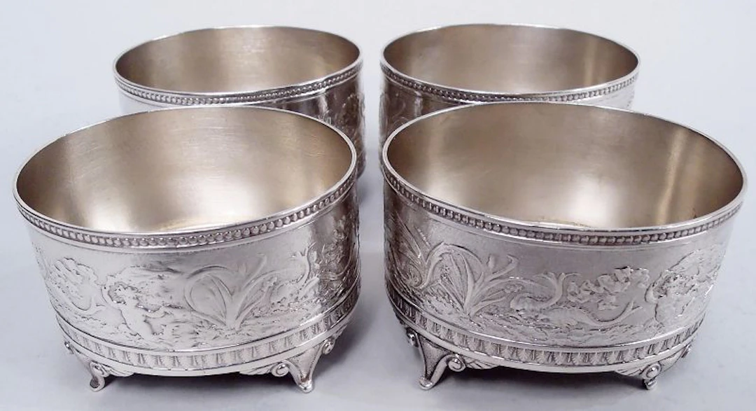 Set of 4 Gorham Sterling Silver Open Salts in Classical Aurora Pattern
