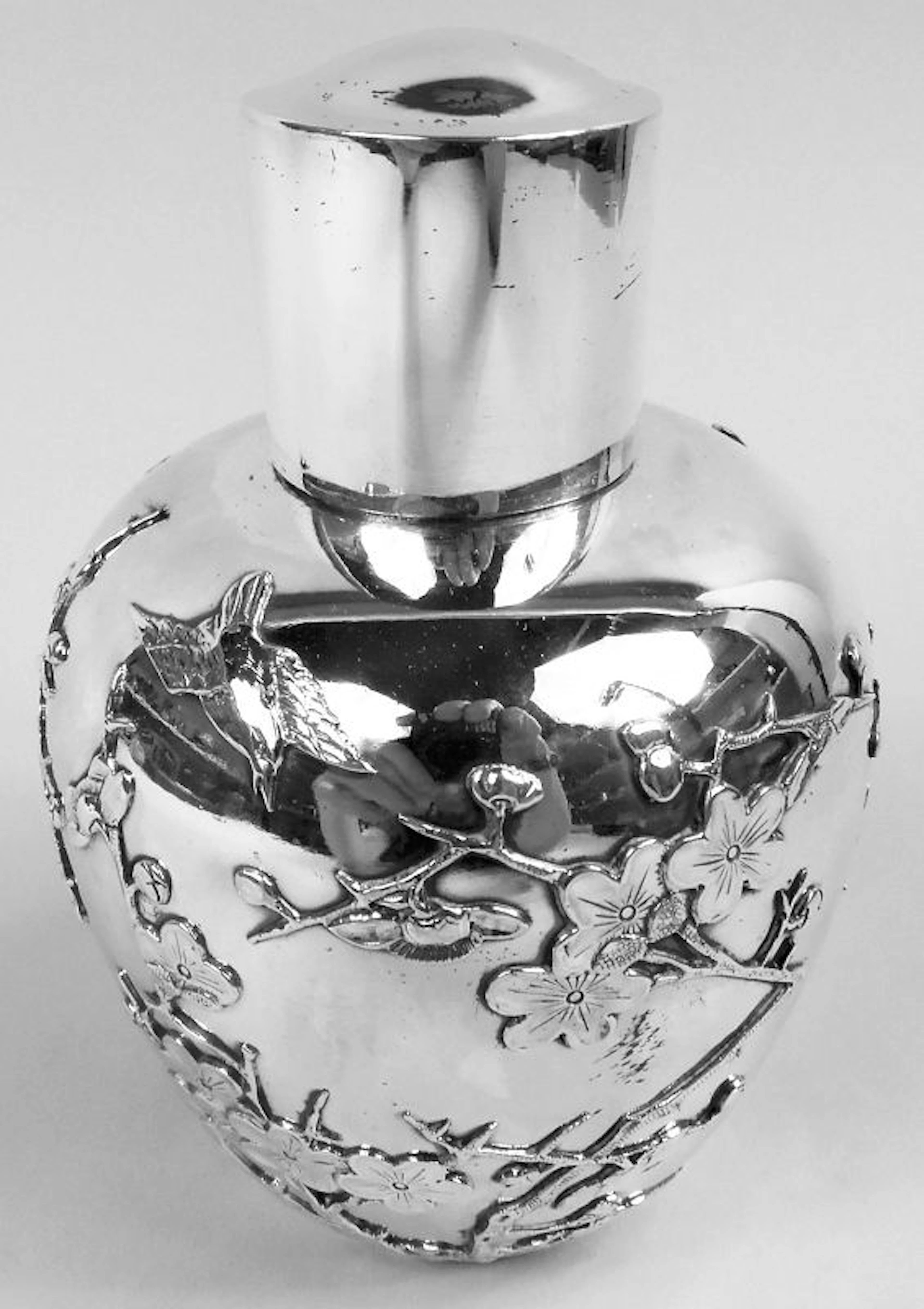Antique Japanese Meiji Silver Blossoming Branch Tea Caddy