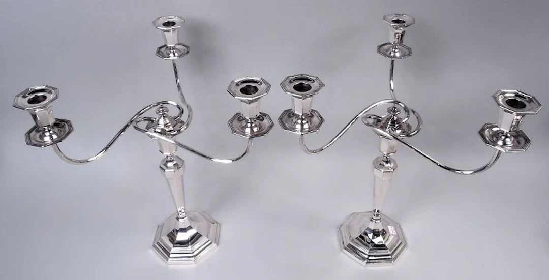 Pair of English Modern Classical Sterling Silver 3-Light Candelabra