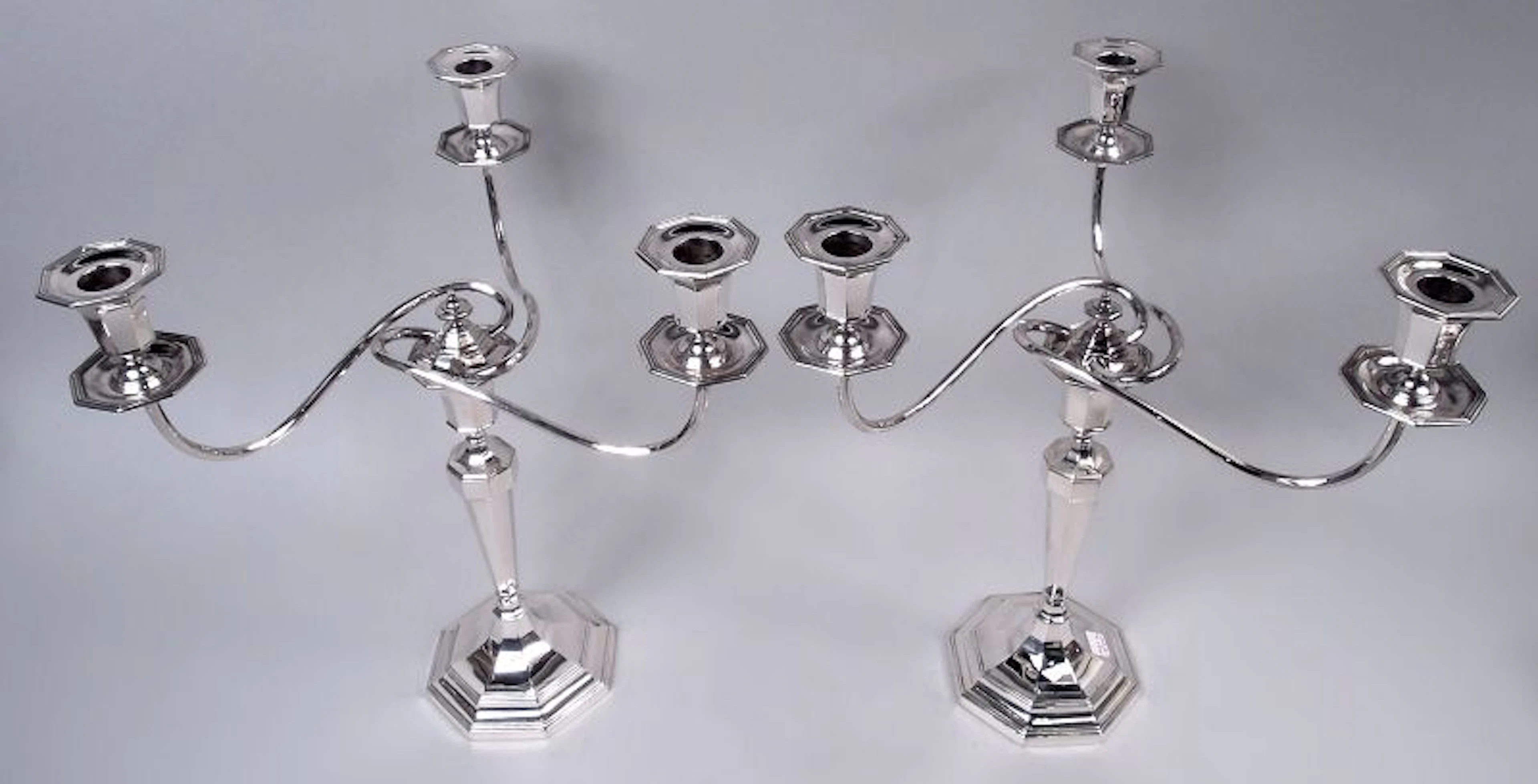 Pair of English Modern Classical Sterling Silver 3-Light Candelabra