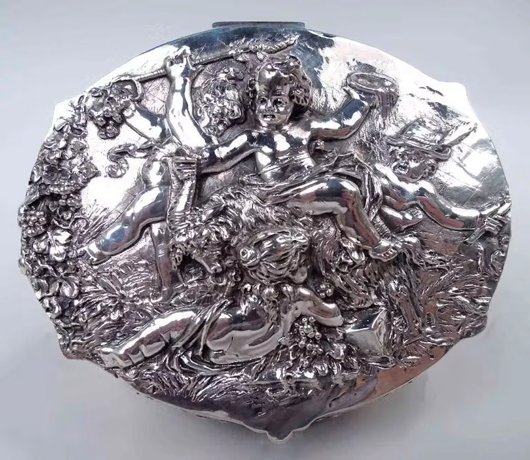 Antique German Rococo Silver Trinket Box with Cherub Frolics
