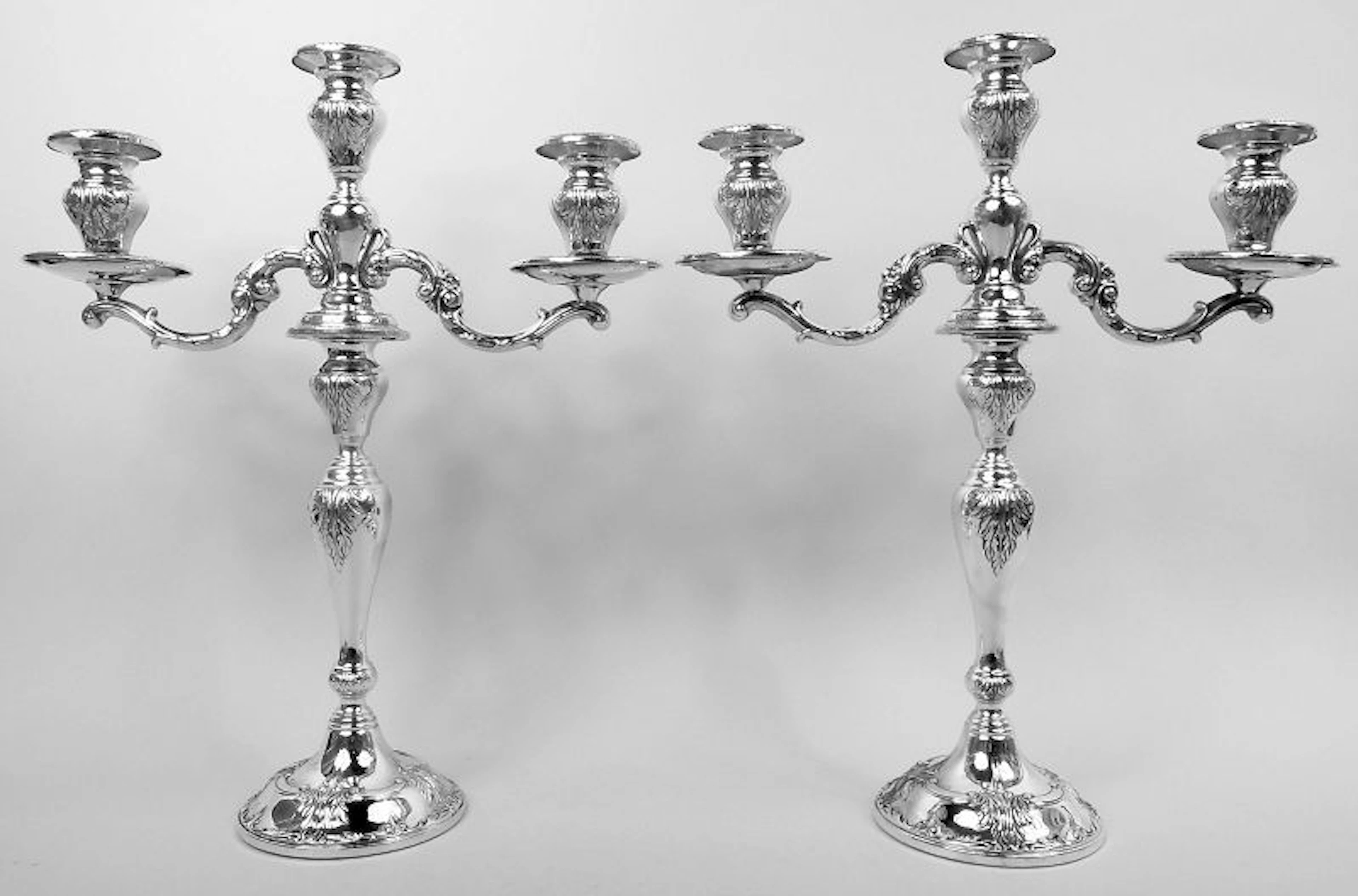 Pair of Traditional Georgian Sterling Silver 3-Light Candelabra
