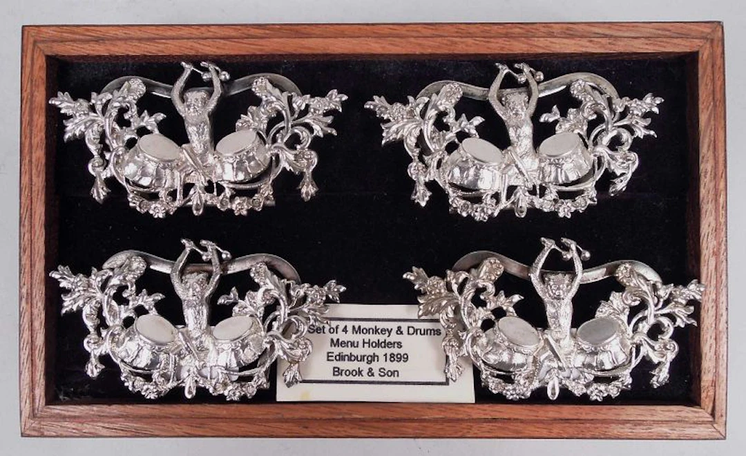 Set of 4 Scottish Victorian Drumming Monkey Place Card Holders 1899