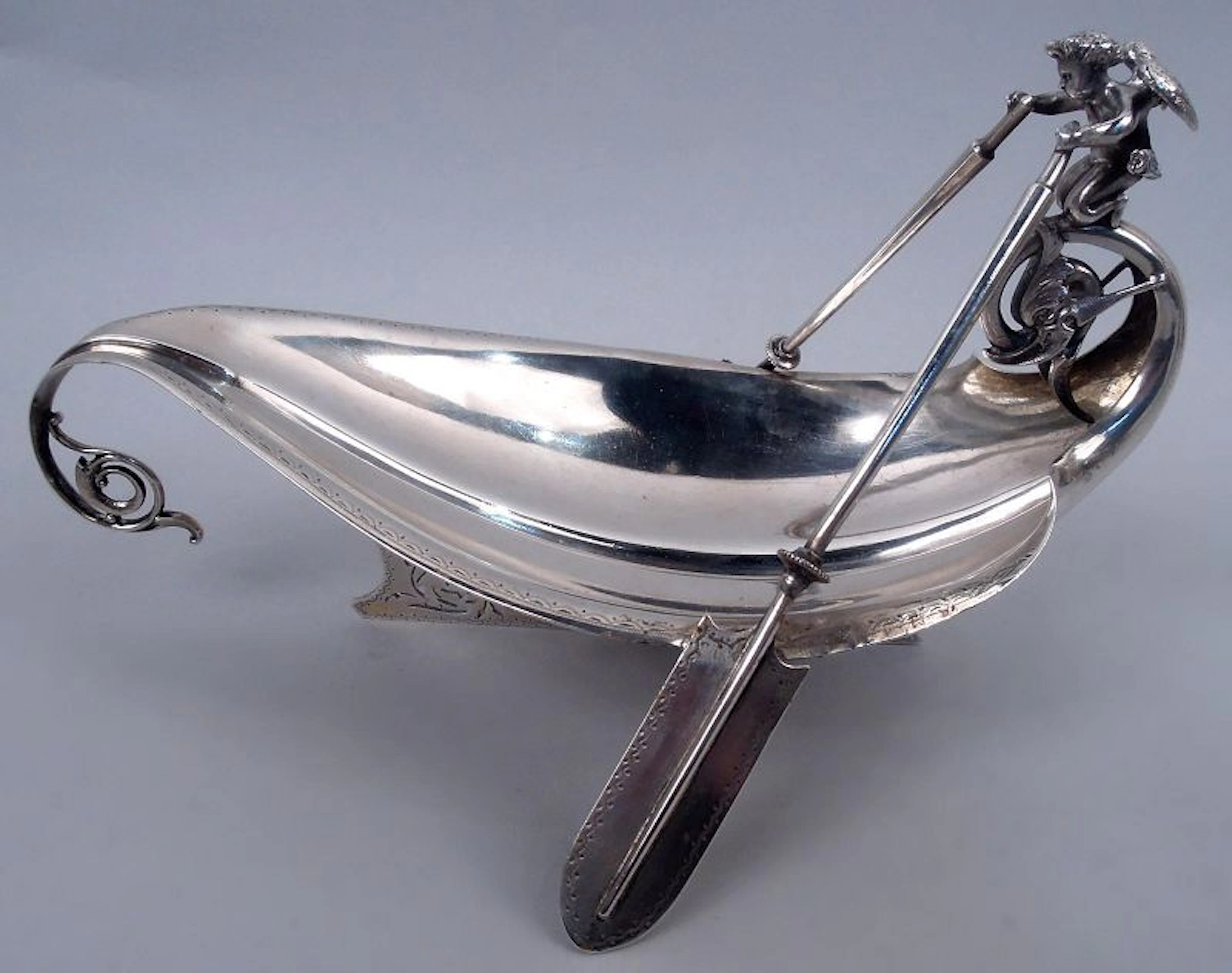 Gorham Sterling Silver Leaf Boat Bowl with Cherub Oarsman 1870