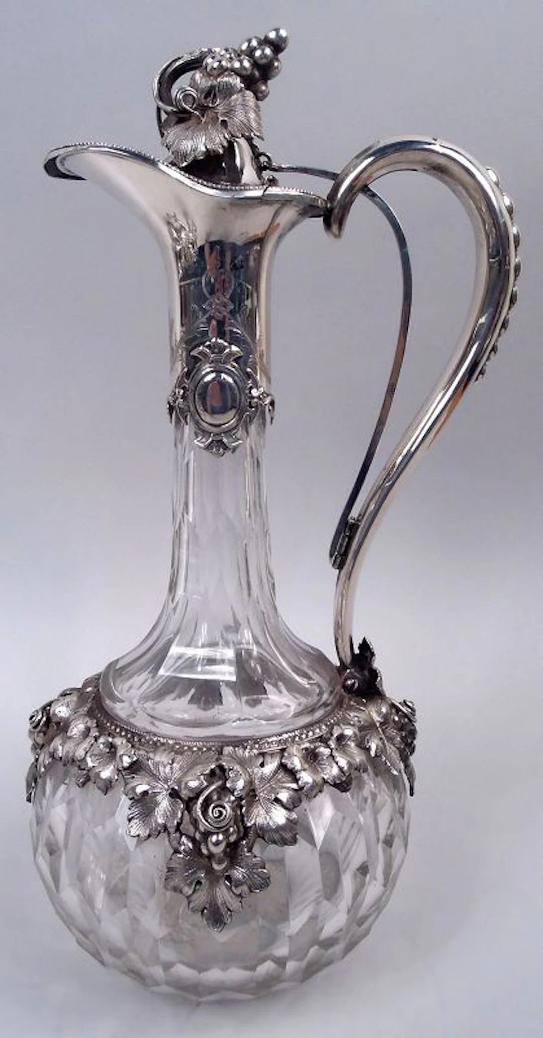Antique European Cut-Glass Decanter with Silver Grapevine Mounts
