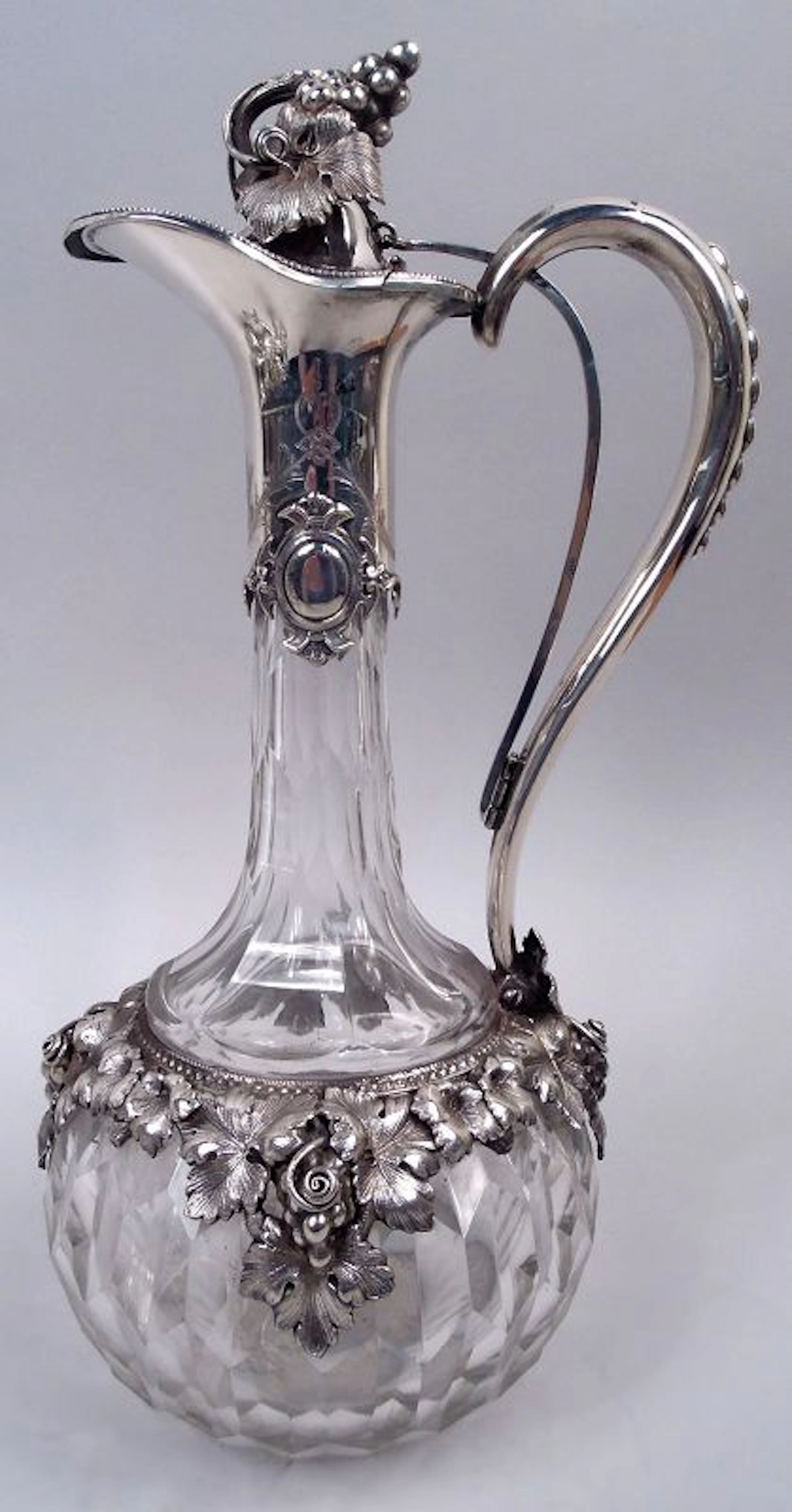 Antique European Cut-Glass Decanter with Silver Grapevine Mounts