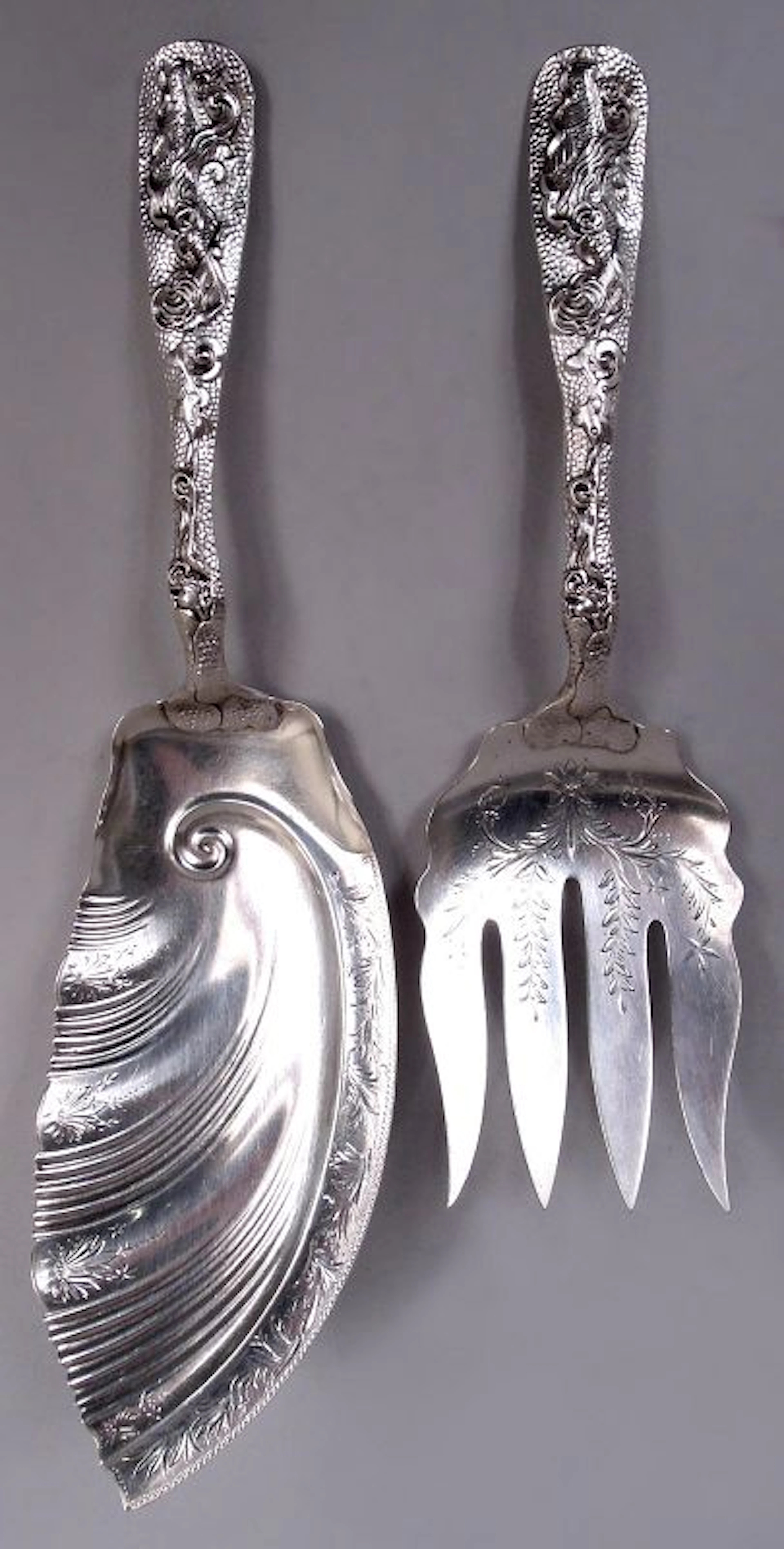 Duhme American Japonesque Sterling Silver Fish Serving Fork & Slice