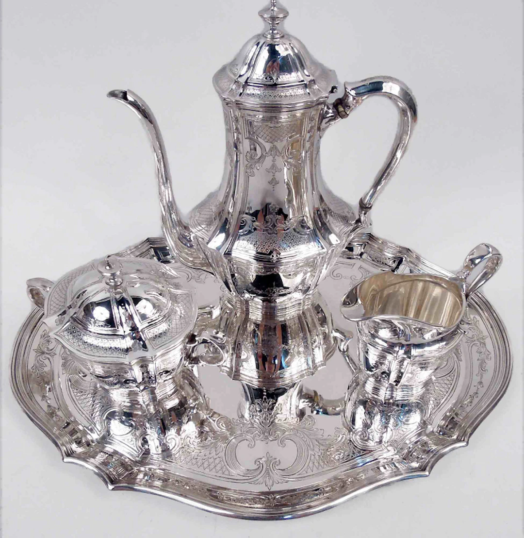 Antique Tiffany Edwardian Classical Sterling Silver Coffee Set on Tray