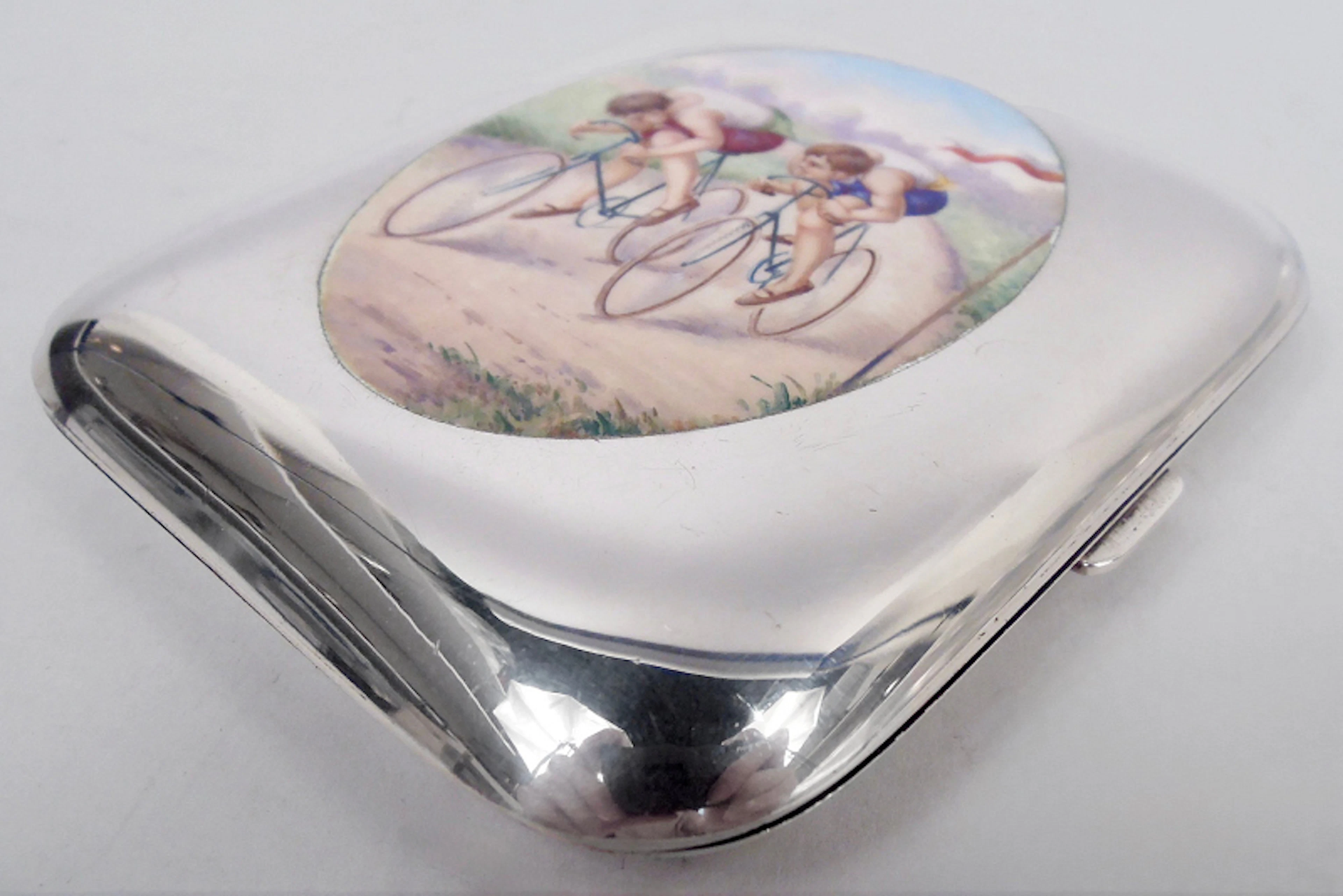 Antique Swiss Silver & Enamel Cigarette Case with Bicycle Race