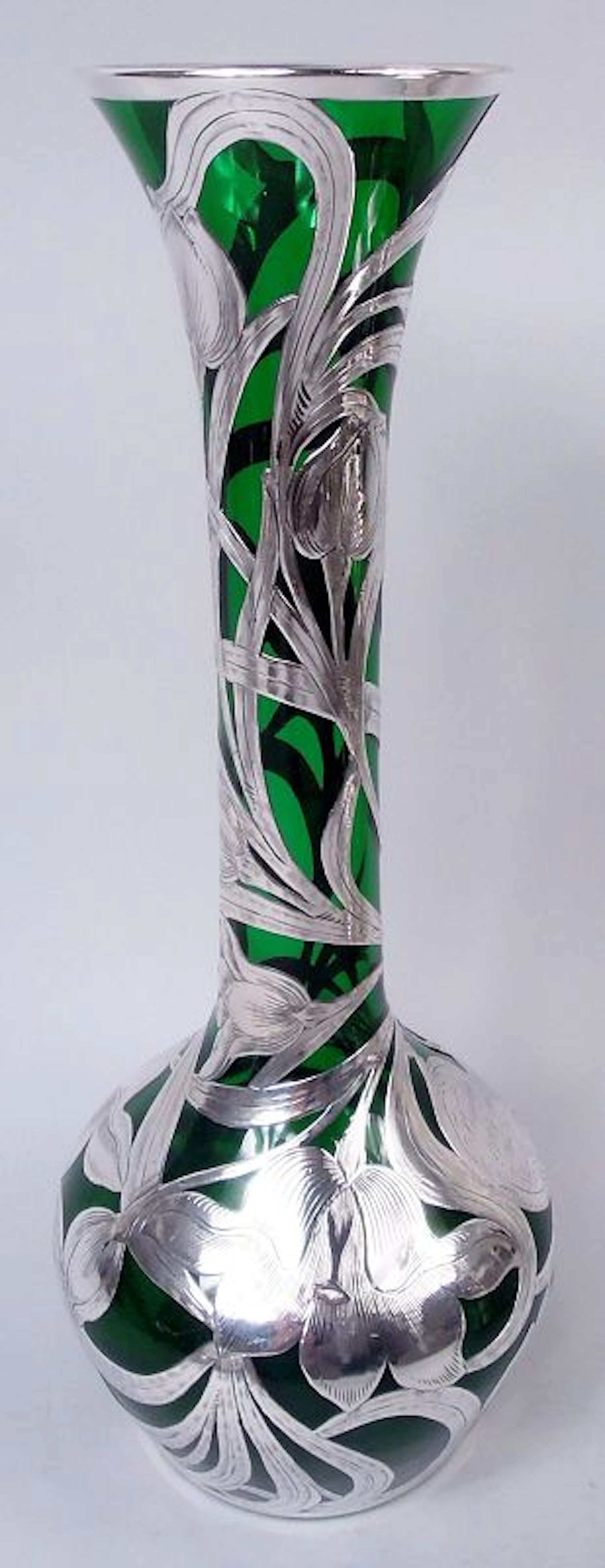 Tall Alvin Art Nouveau Green Silver Overlay 14-Inch Vase