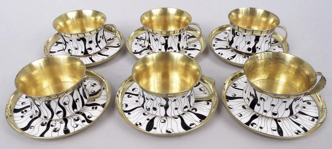 Late Soviet Russian Avant-Garde Silver Gilt & Enamel Demitasse Set