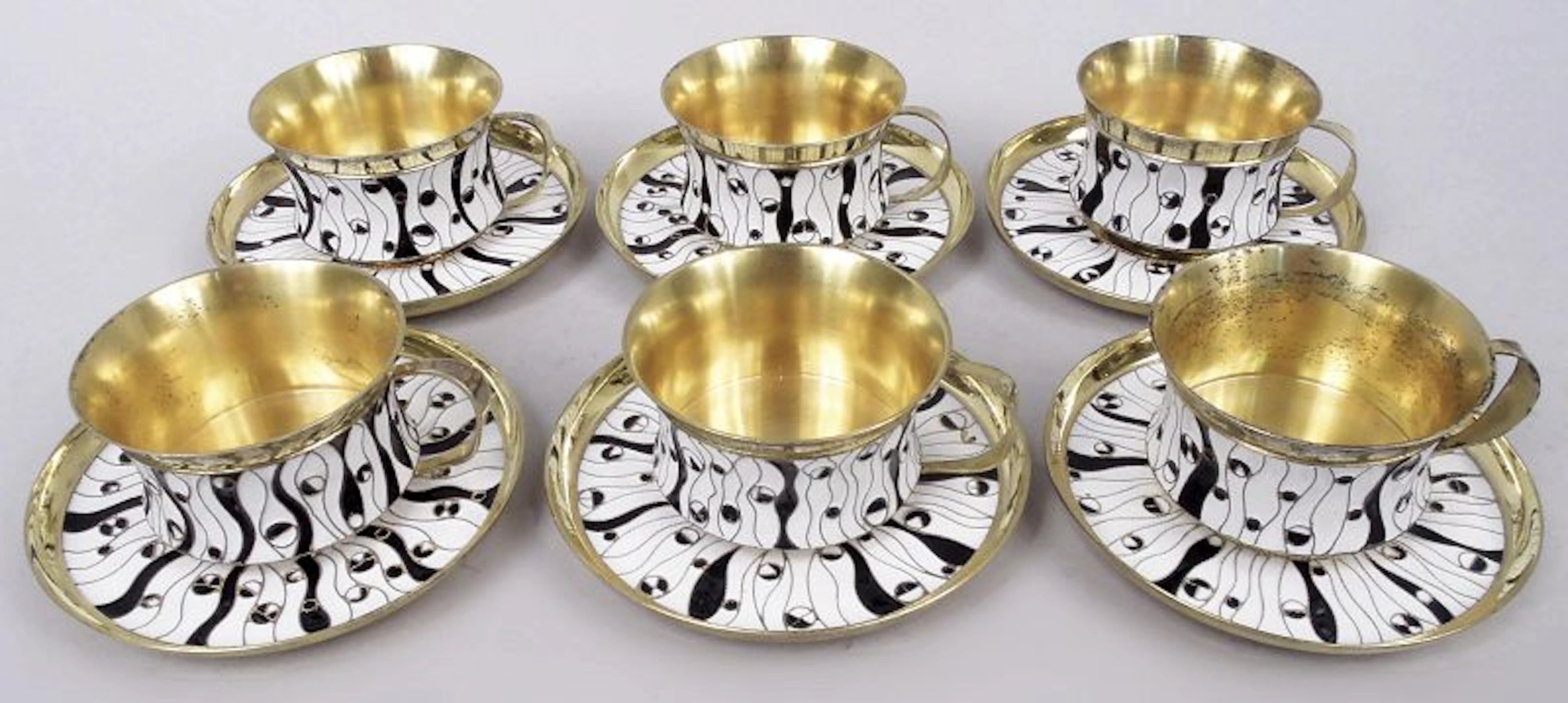 Late Soviet Russian Avant-Garde Silver Gilt & Enamel Demitasse Set