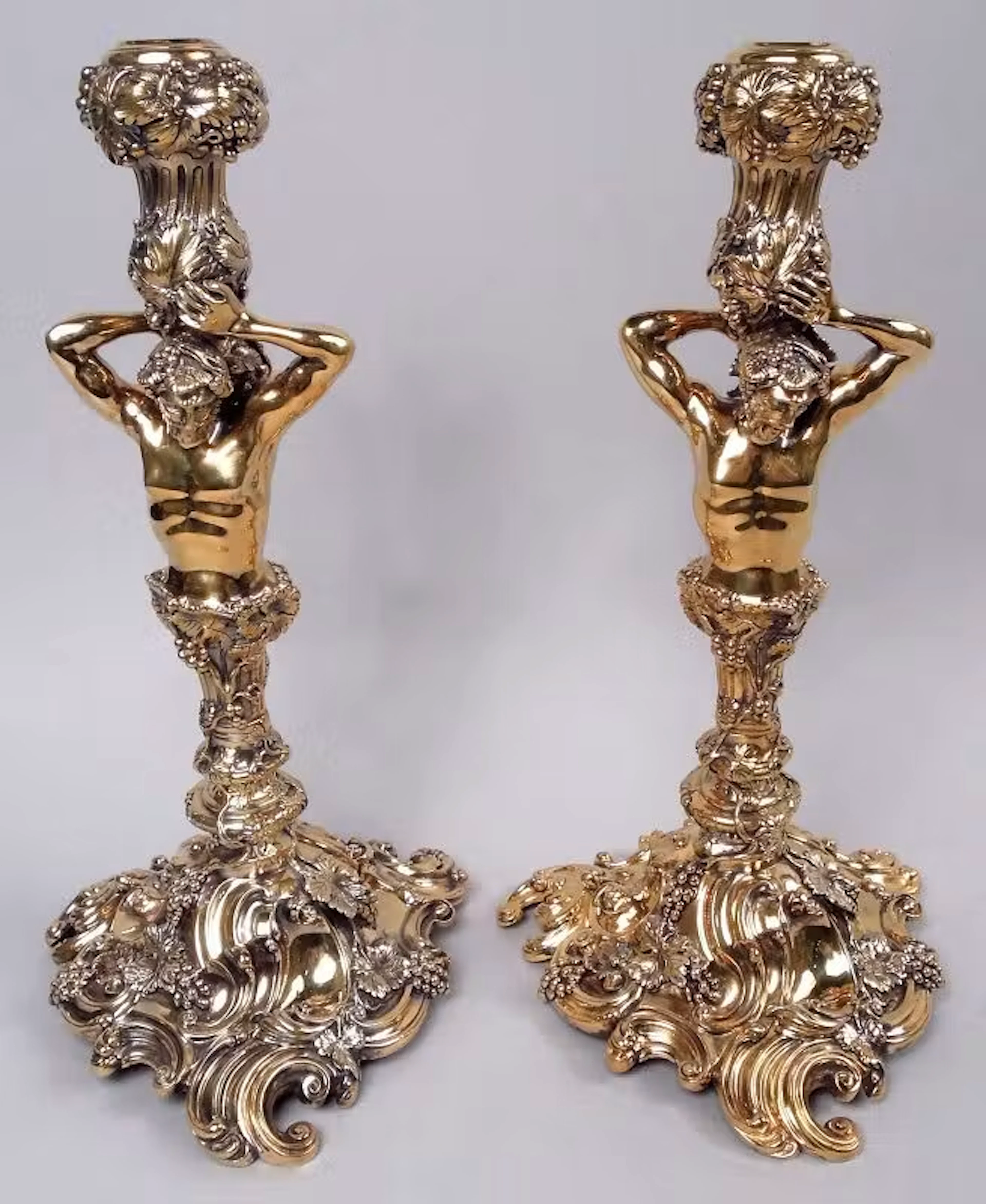 English Silver Gilt Grapevine Bacchus Herm Candlesticks After Lamerie