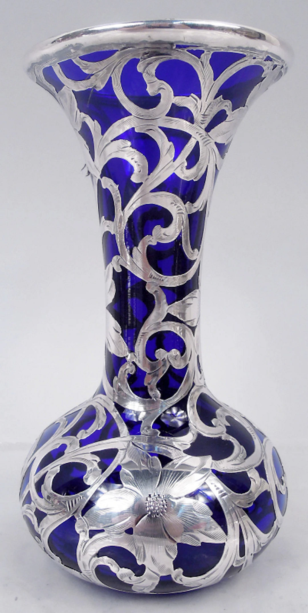 Rare Alvin Art Nouveau Cobalt Silver Overlay 6-Inch Vase