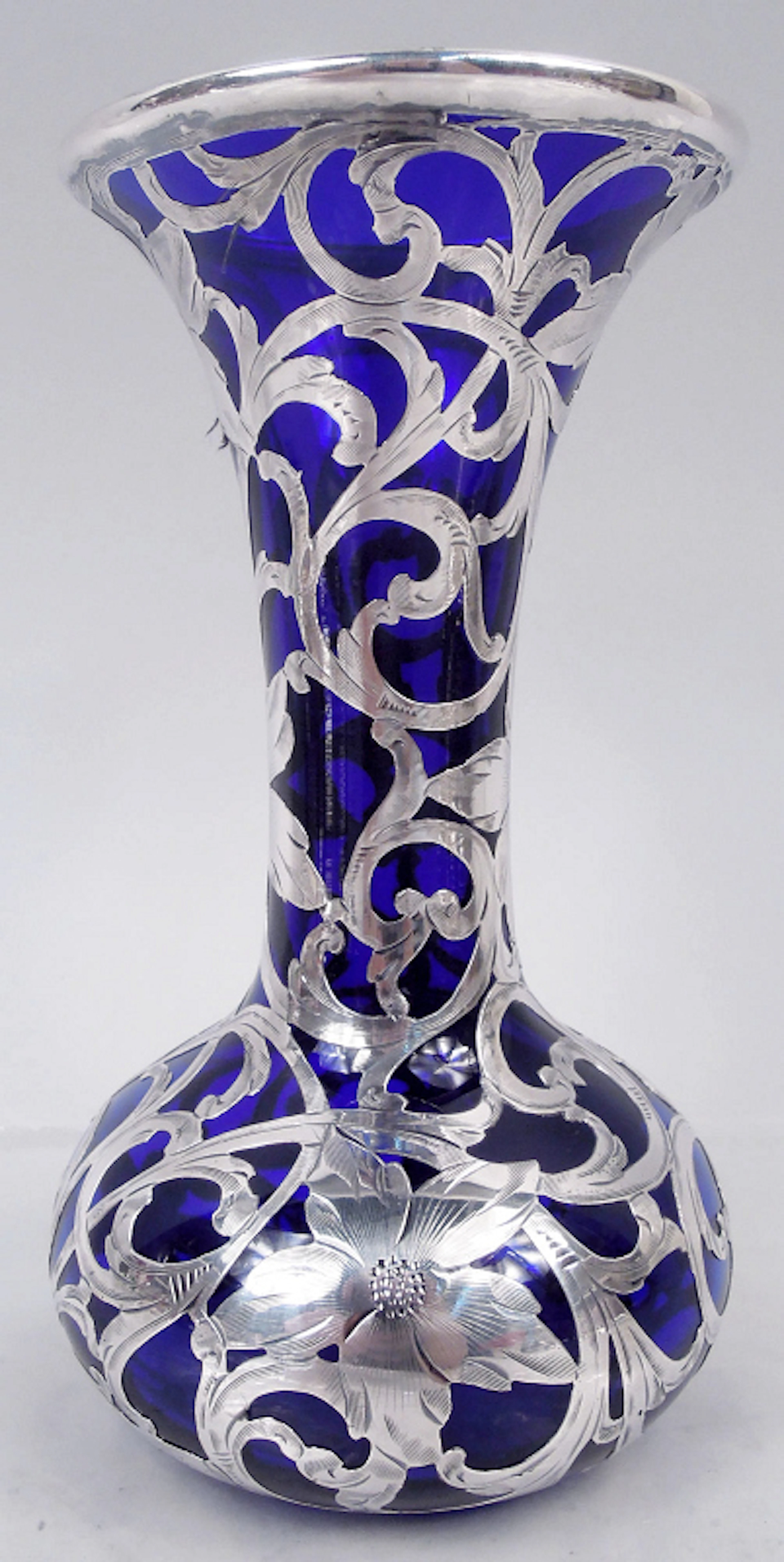 Rare Alvin Art Nouveau Cobalt Silver Overlay 6-Inch Vase