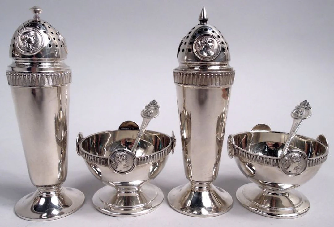 Two Pairs of Gorham Medallion Coin Silver Salt & Peppers with Spoons